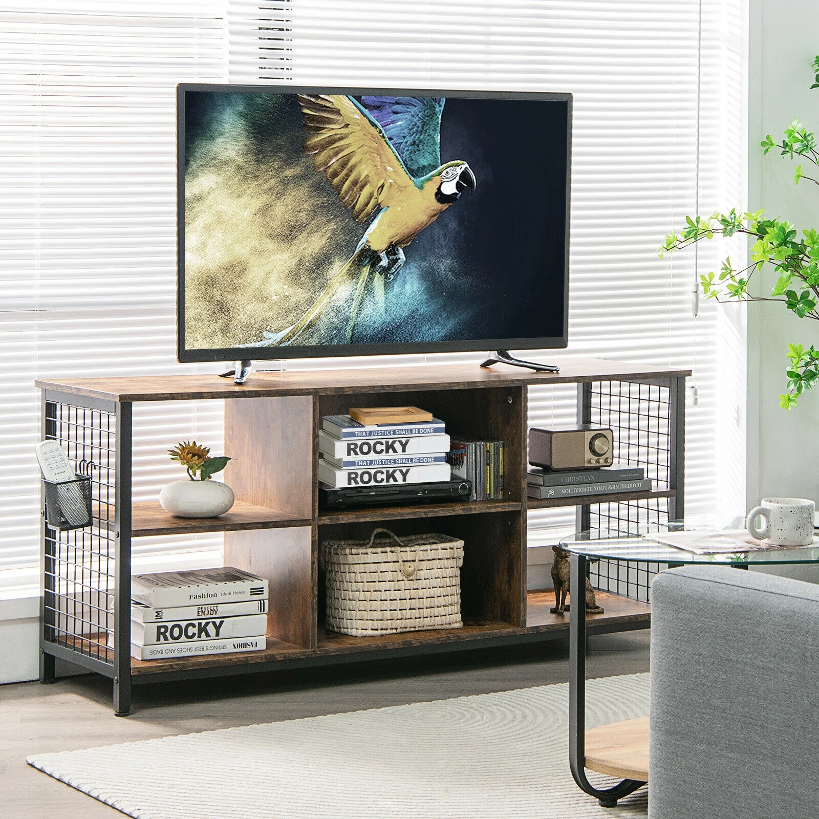 Mid-Century Wooden TV Stand With Storage Basket, 65 Inch, Rustic Brown - Image 3