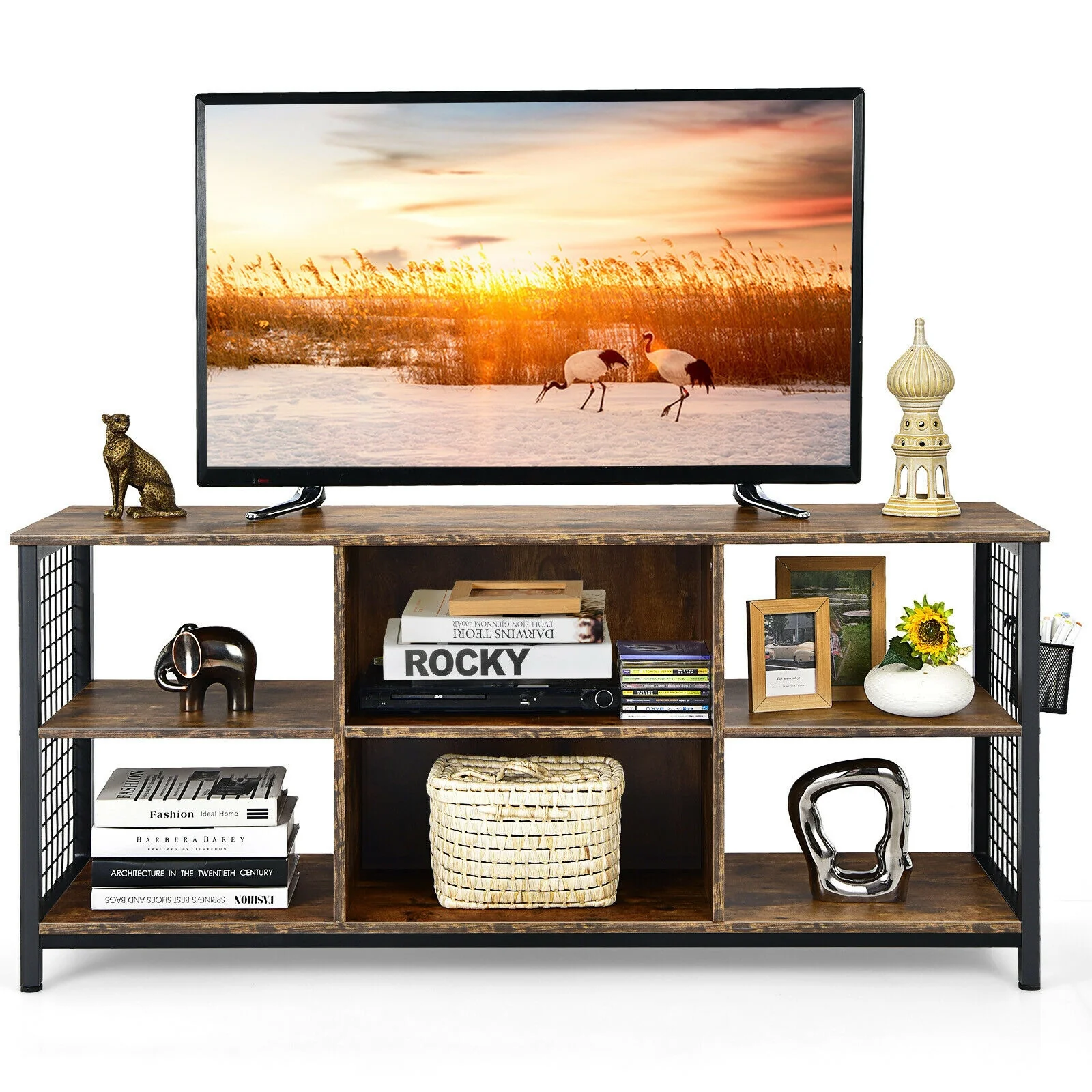 Mid-Century Wooden TV Stand With Storage Basket, 65 Inch, Rustic Brown - Image 4