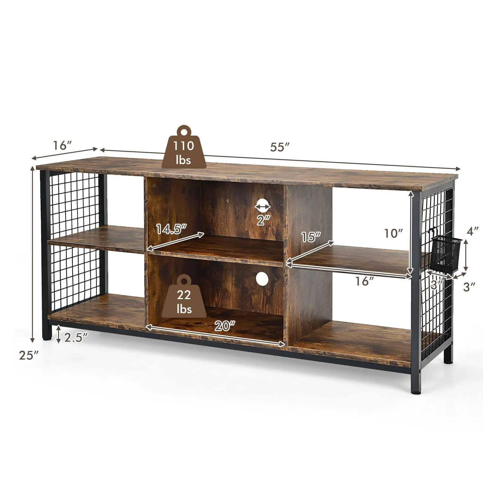 Mid-Century Wooden TV Stand With Storage Basket, 65 Inch, Rustic Brown - Image 5