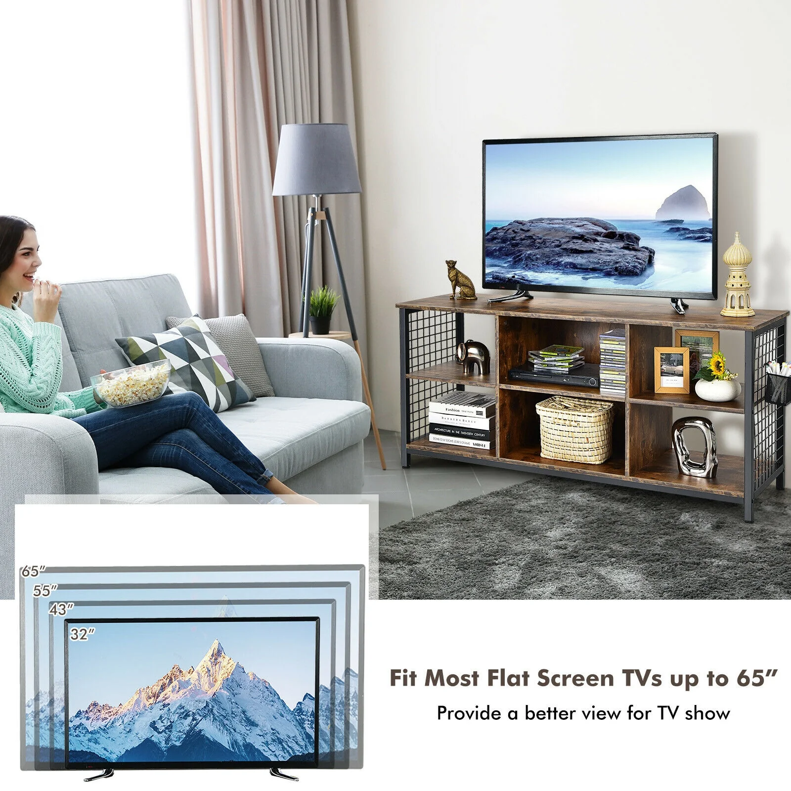 Mid-Century Wooden TV Stand With Storage Basket, 65 Inch, Rustic Brown - Image 7