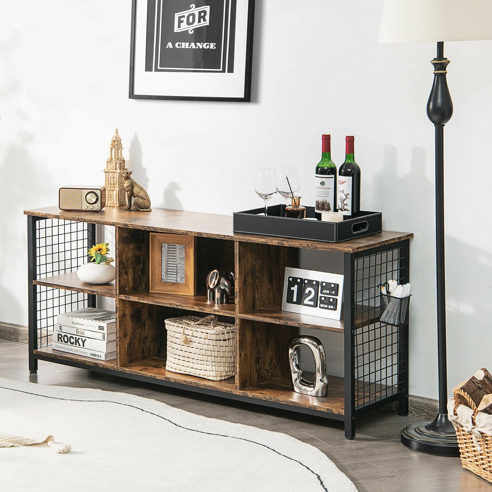 Mid-Century Wooden TV Stand With Storage Basket, 65 Inch, Rustic Brown - Image 8