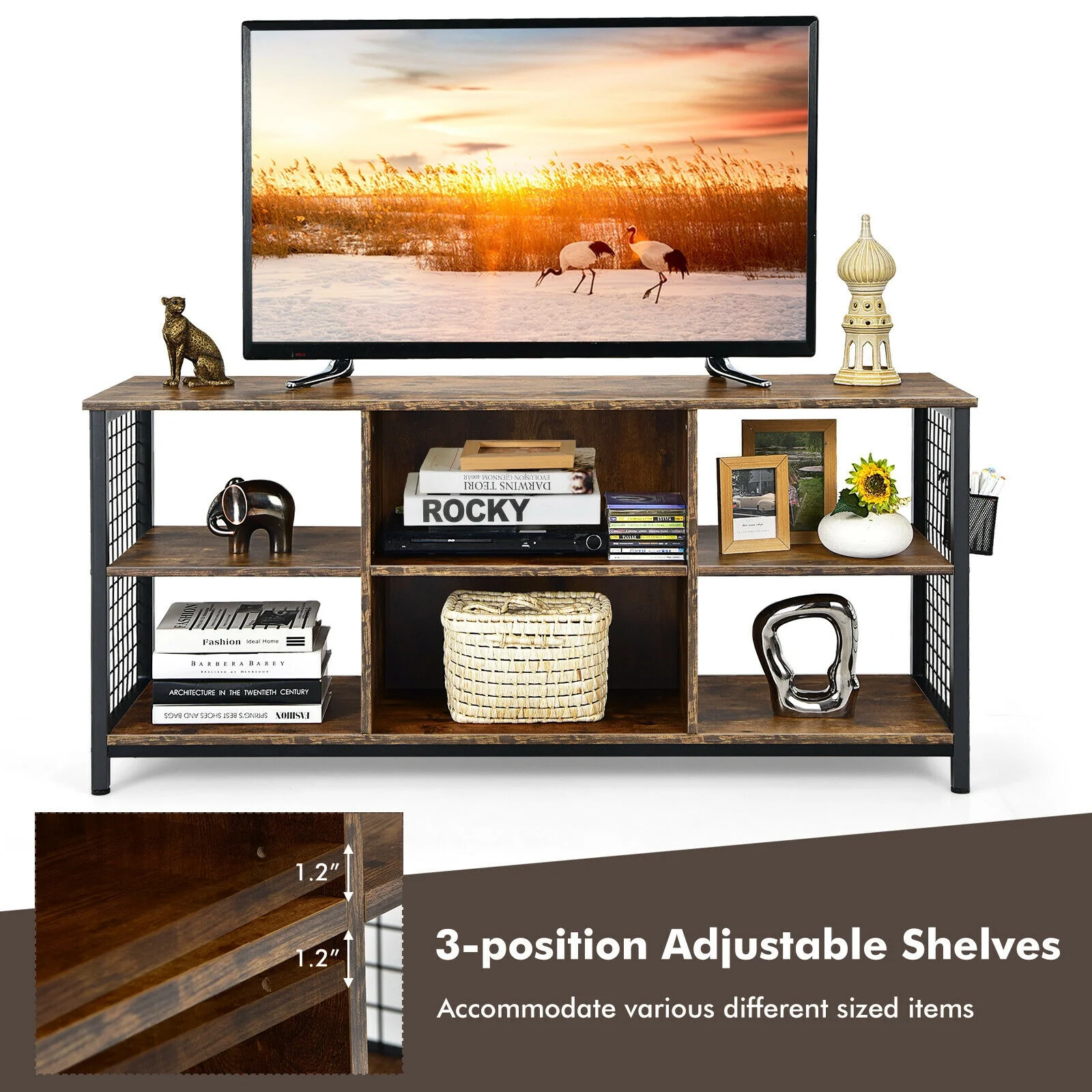 Mid-Century Wooden TV Stand With Storage Basket, 65 Inch, Rustic Brown - Image 9