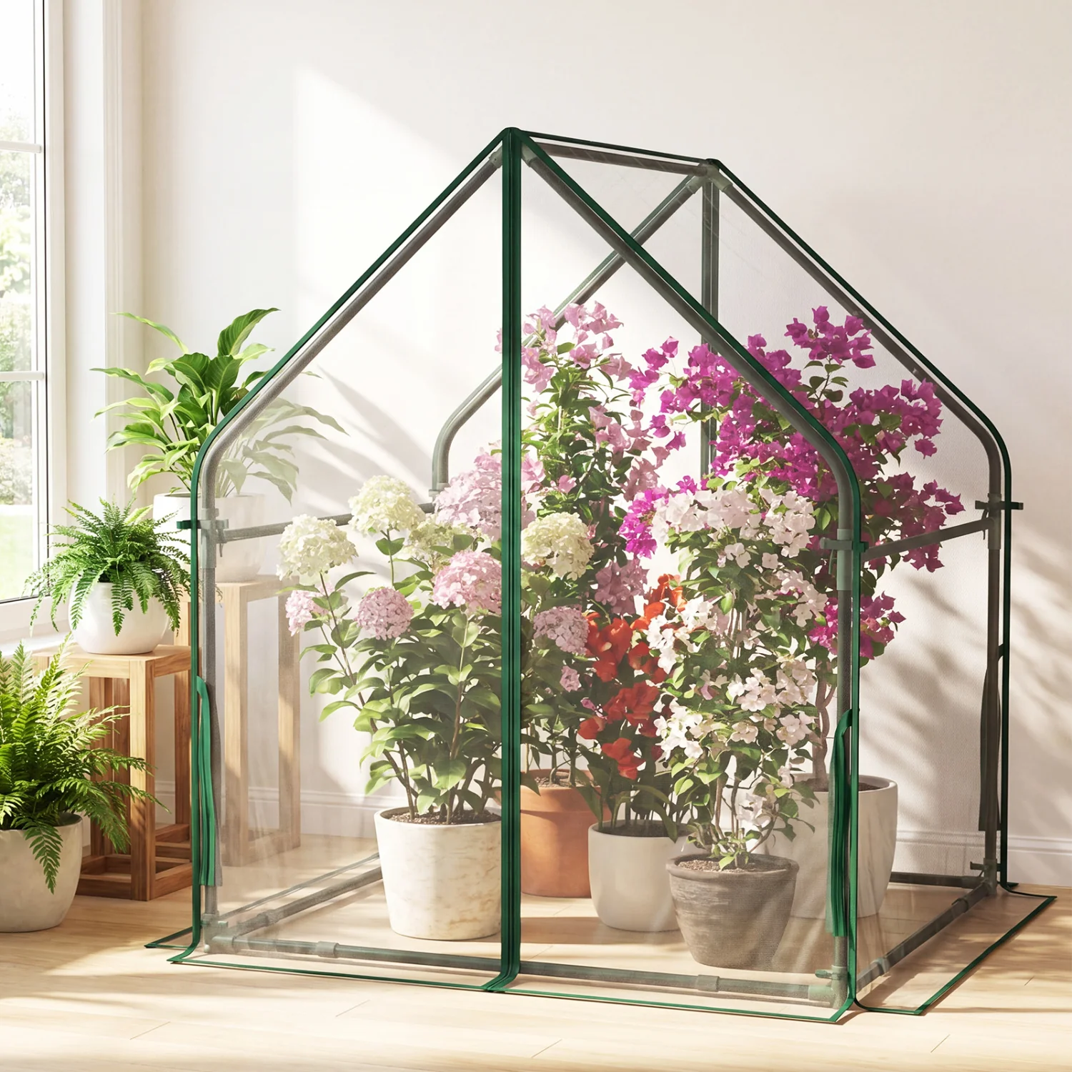 Mini Green House Metal Frame with Waterproof Bottom Mat and Wind Ropes-M, Transparent - Image 3