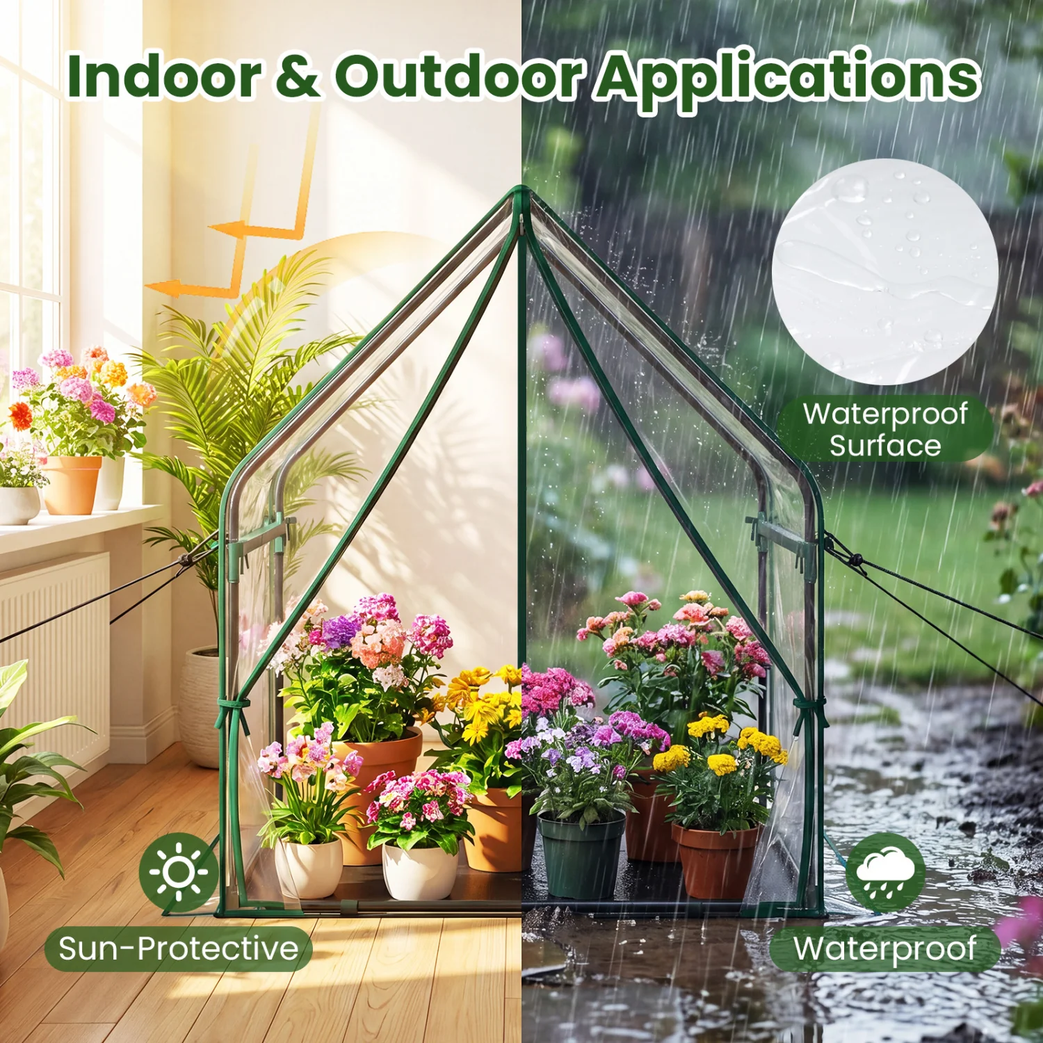 Mini Green House Metal Frame with Waterproof Bottom Mat and Wind Ropes-M, Transparent - Image 6