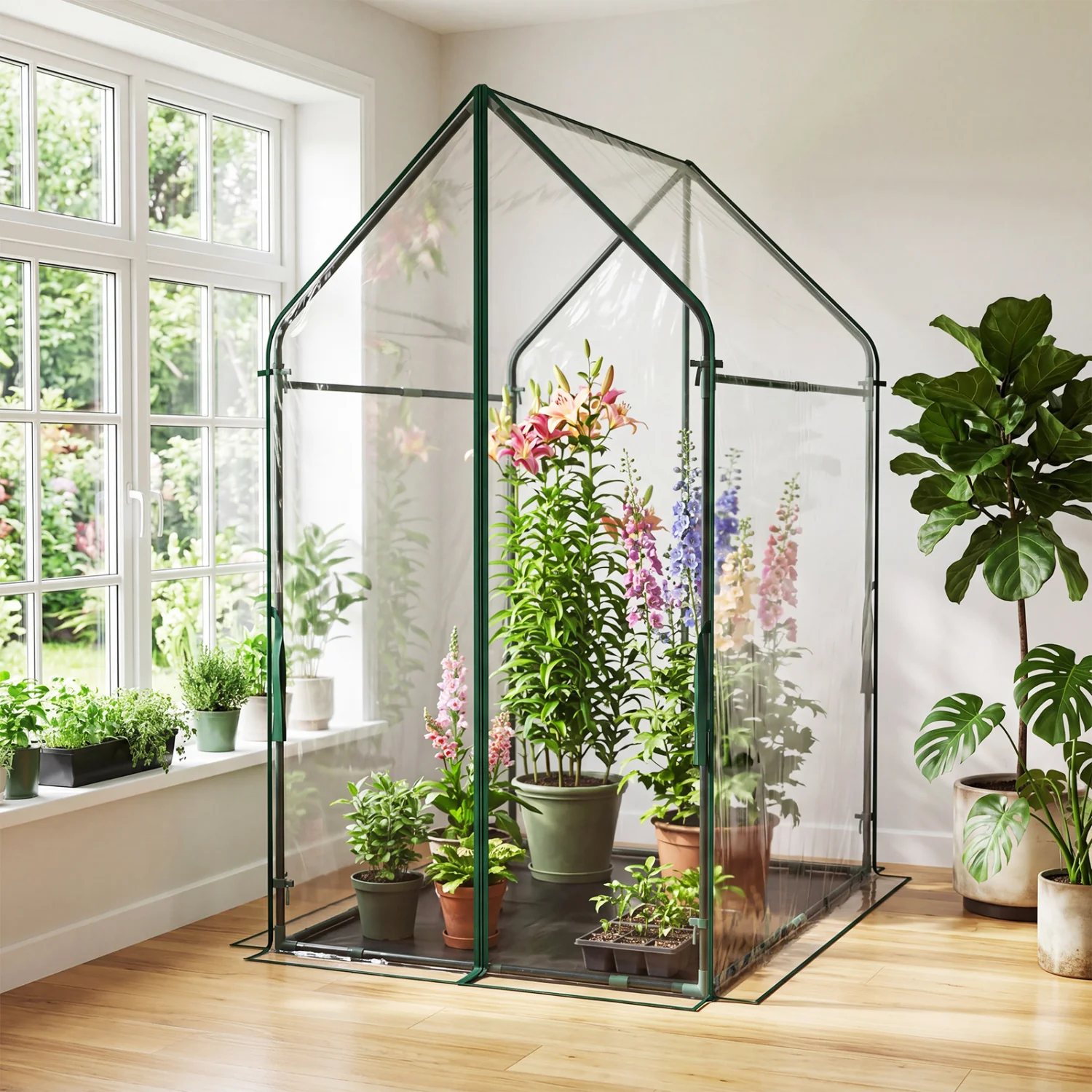 Mini Green House Metal Frame with Waterproof Bottom Mat and Wind Ropes-XL, Transparent - Image 6