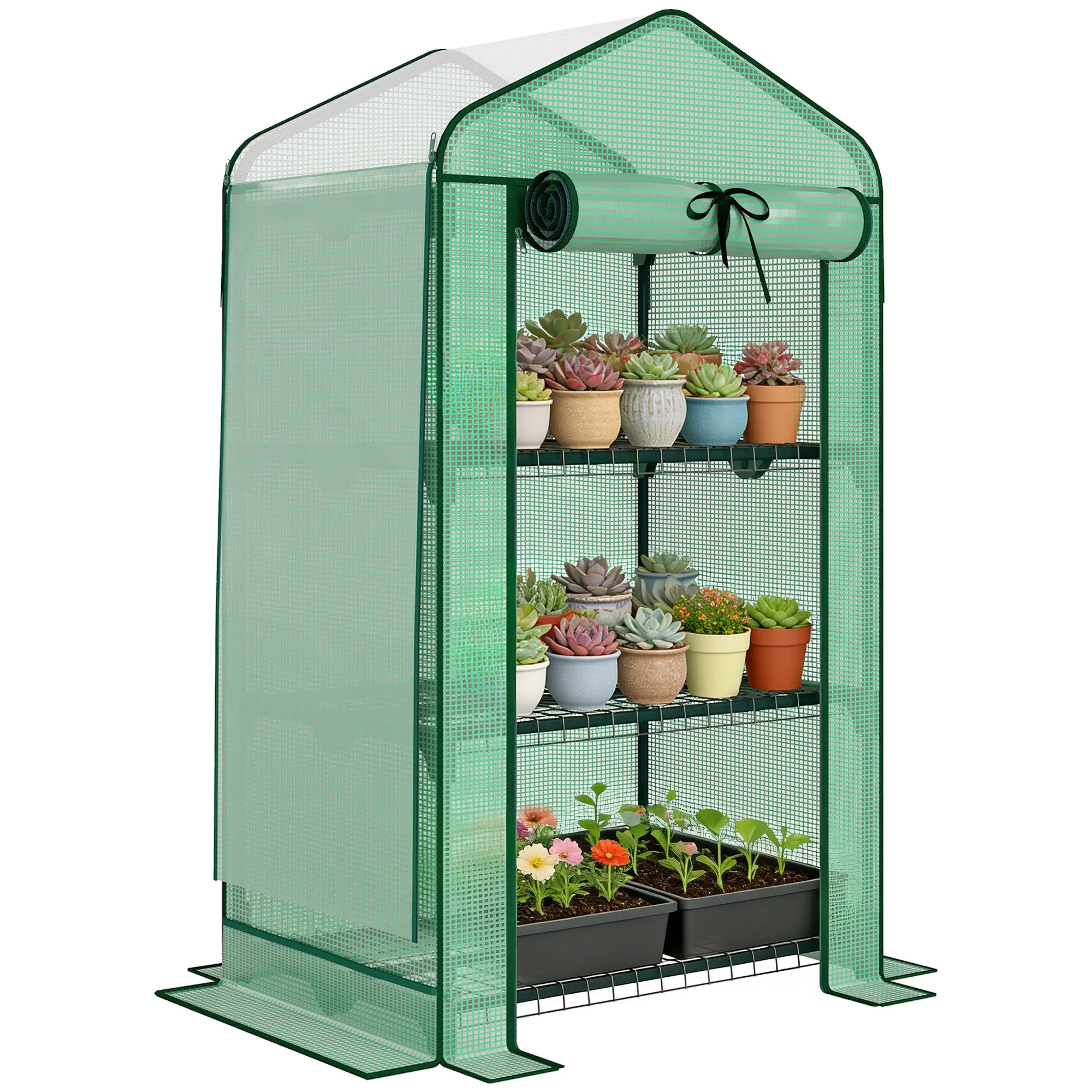 Mini Greenhouse, 27.6" x 19.7" x 50", Screen Roof, Roll-Up Door, Green - Image 11