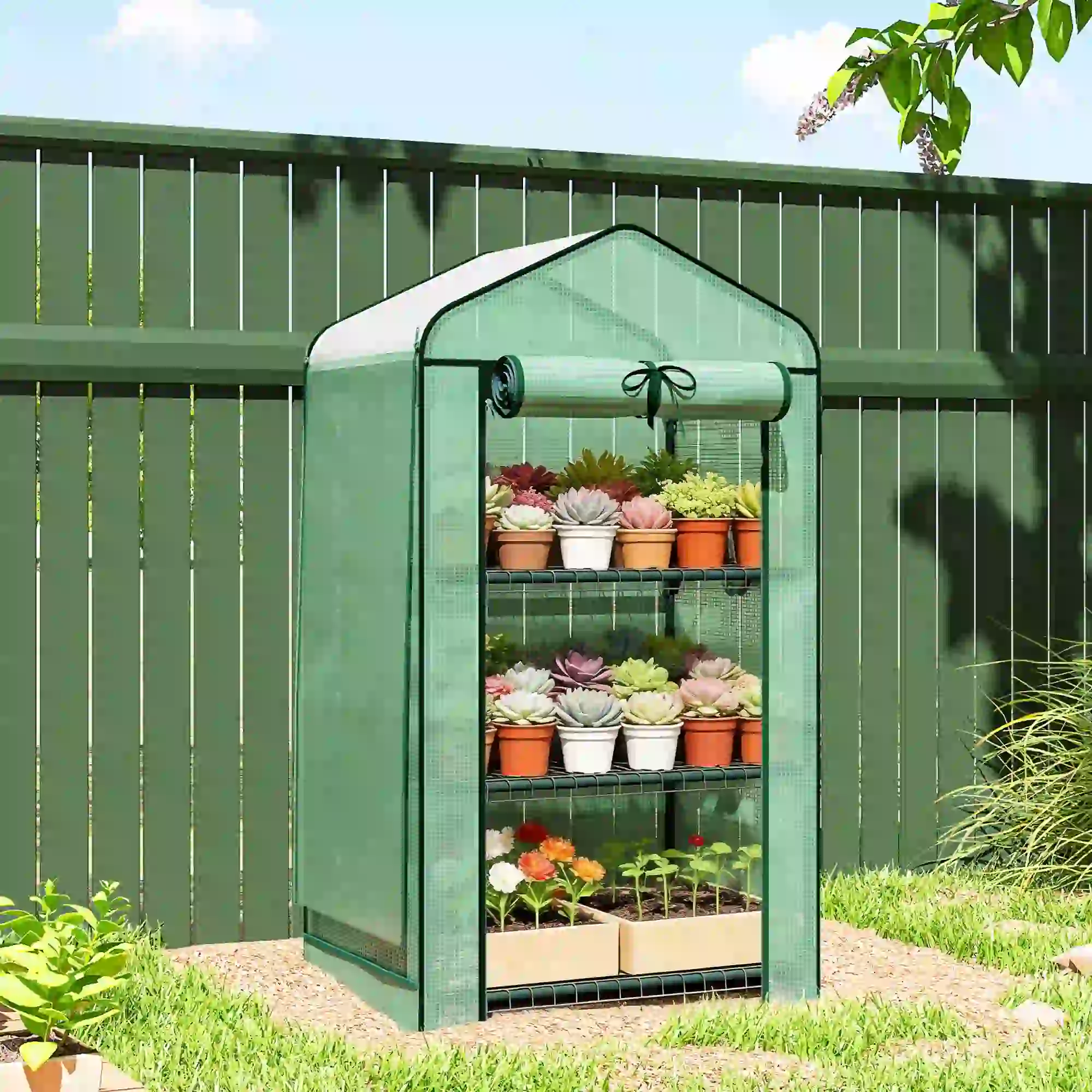 Mini Greenhouse, 27.6" x 19.7" x 50", Screen Roof, Roll-Up Door, Green - Image 8
