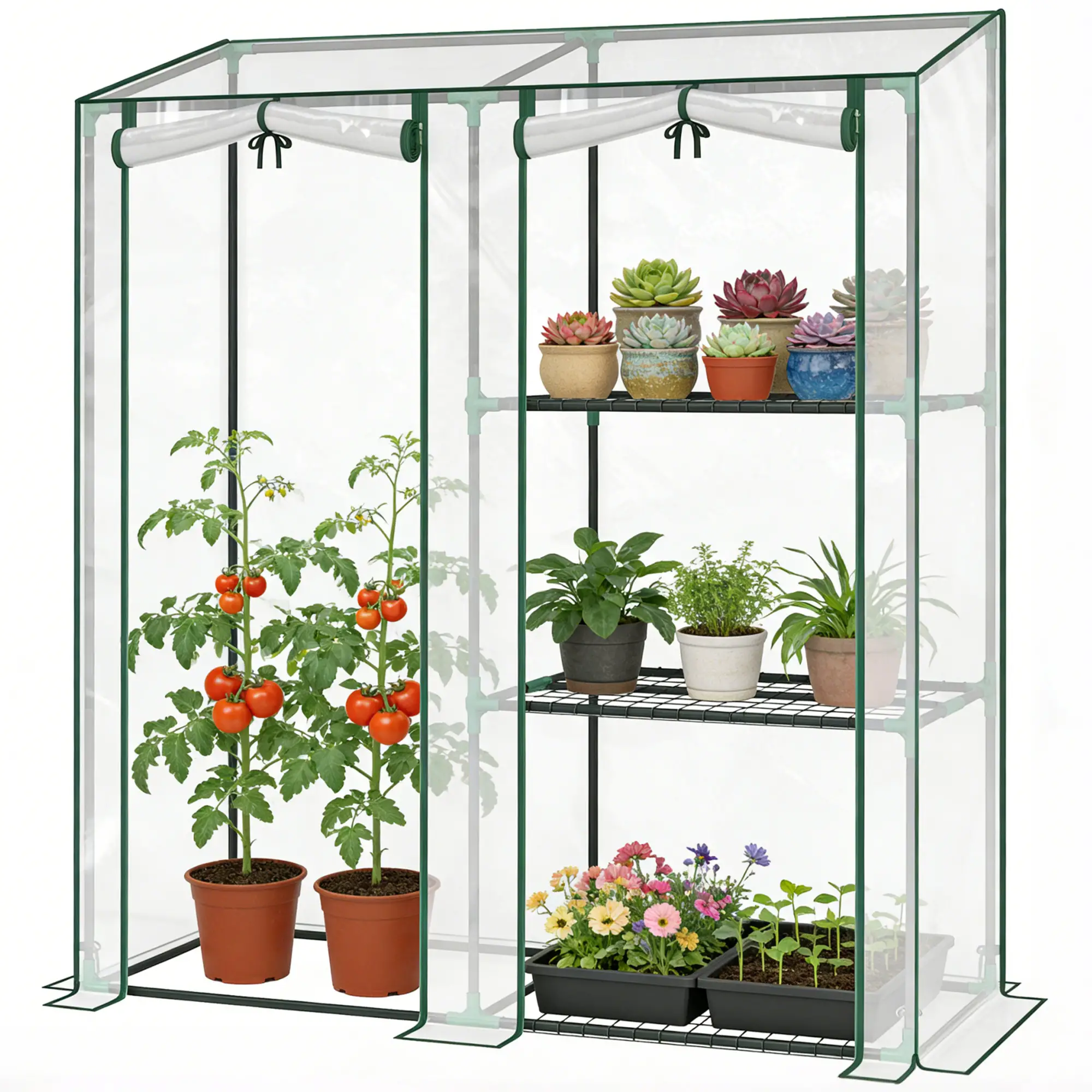 Mini Greenhouse, 3 Shelves, 2 Roll-Up Doors, 56.3" x 17.7" x 59.4", Clear