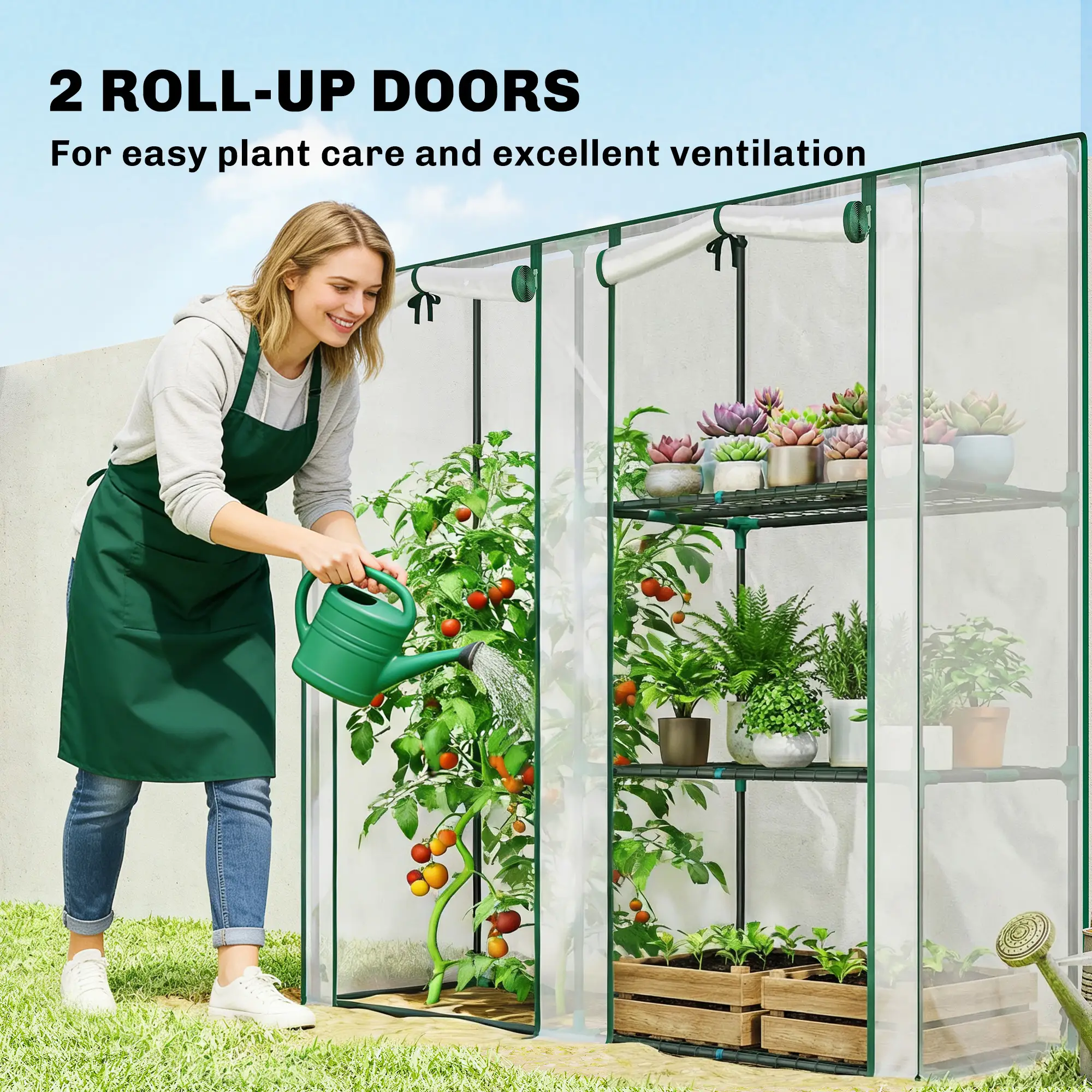Mini Greenhouse, 3 Shelves, 2 Roll-Up Doors, 56.3" x 17.7" x 59.4", Clear - Image 5