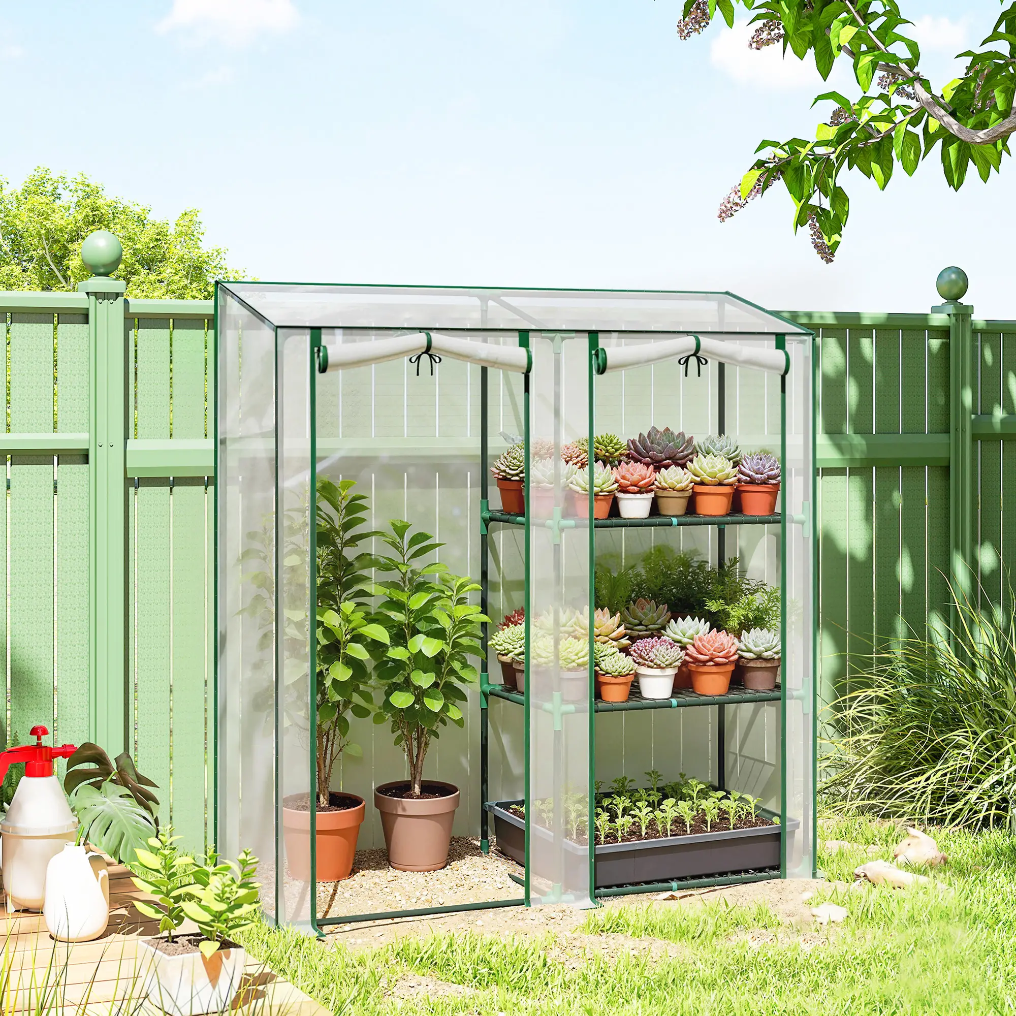 Mini Greenhouse, 3 Shelves, 2 Roll-Up Doors, 56.3" x 17.7" x 59.4", Clear - Image 8