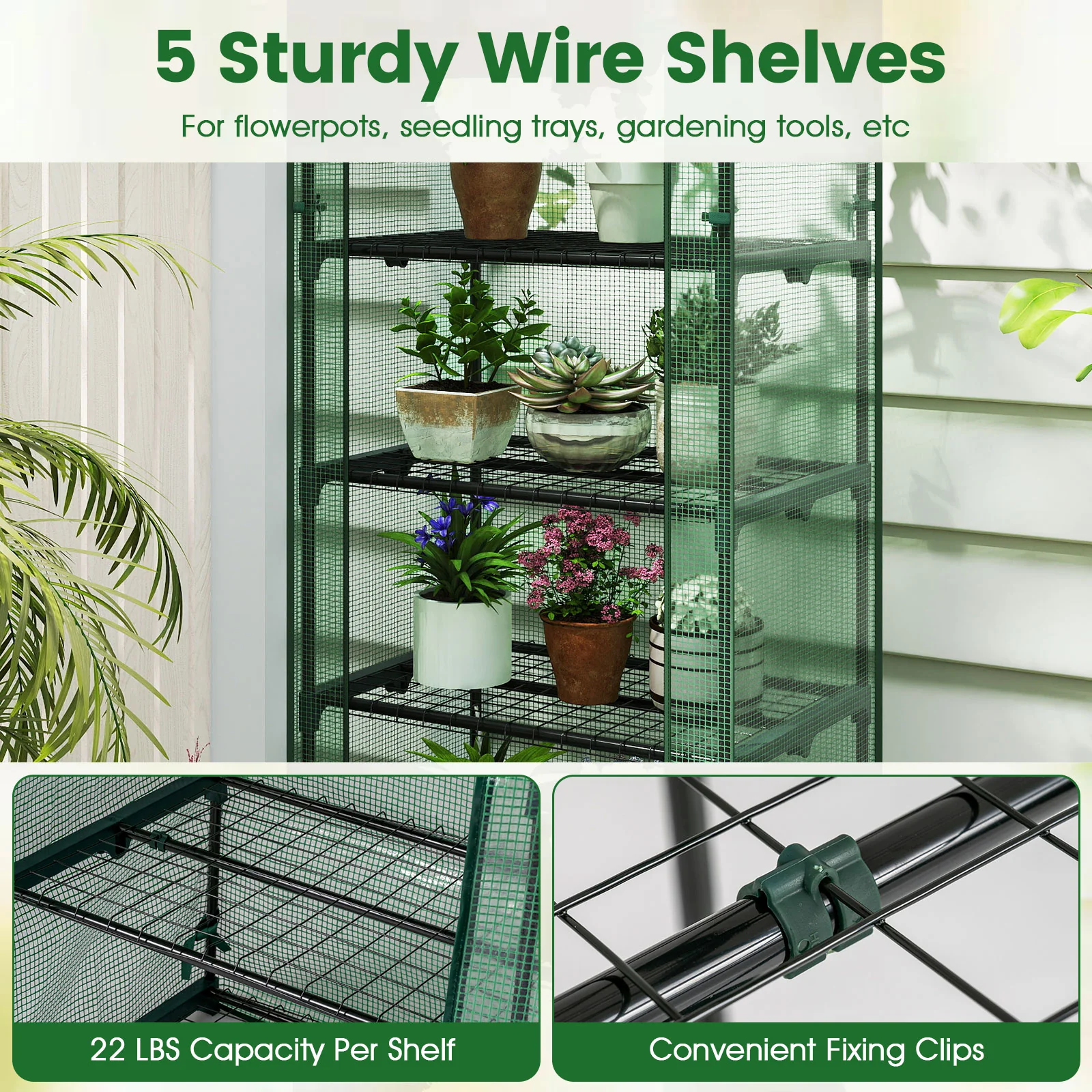 Mini Greenhouse Portable Plant Grow House with 5 Tier Shelves, Green - Image 10