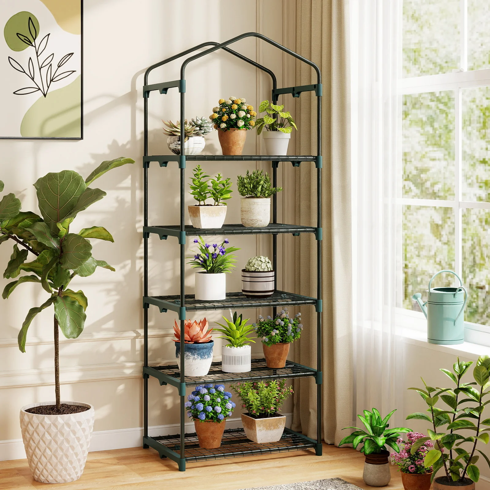 Mini Greenhouse Portable Plant Grow House with 5 Tier Shelves, Green - Image 2