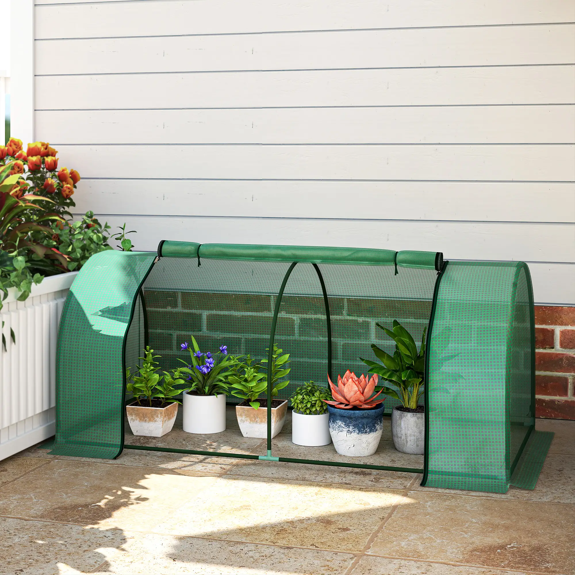 Mini Greenhouse With Zippered Doors, 79" x 39" x 32", Green - Image 2