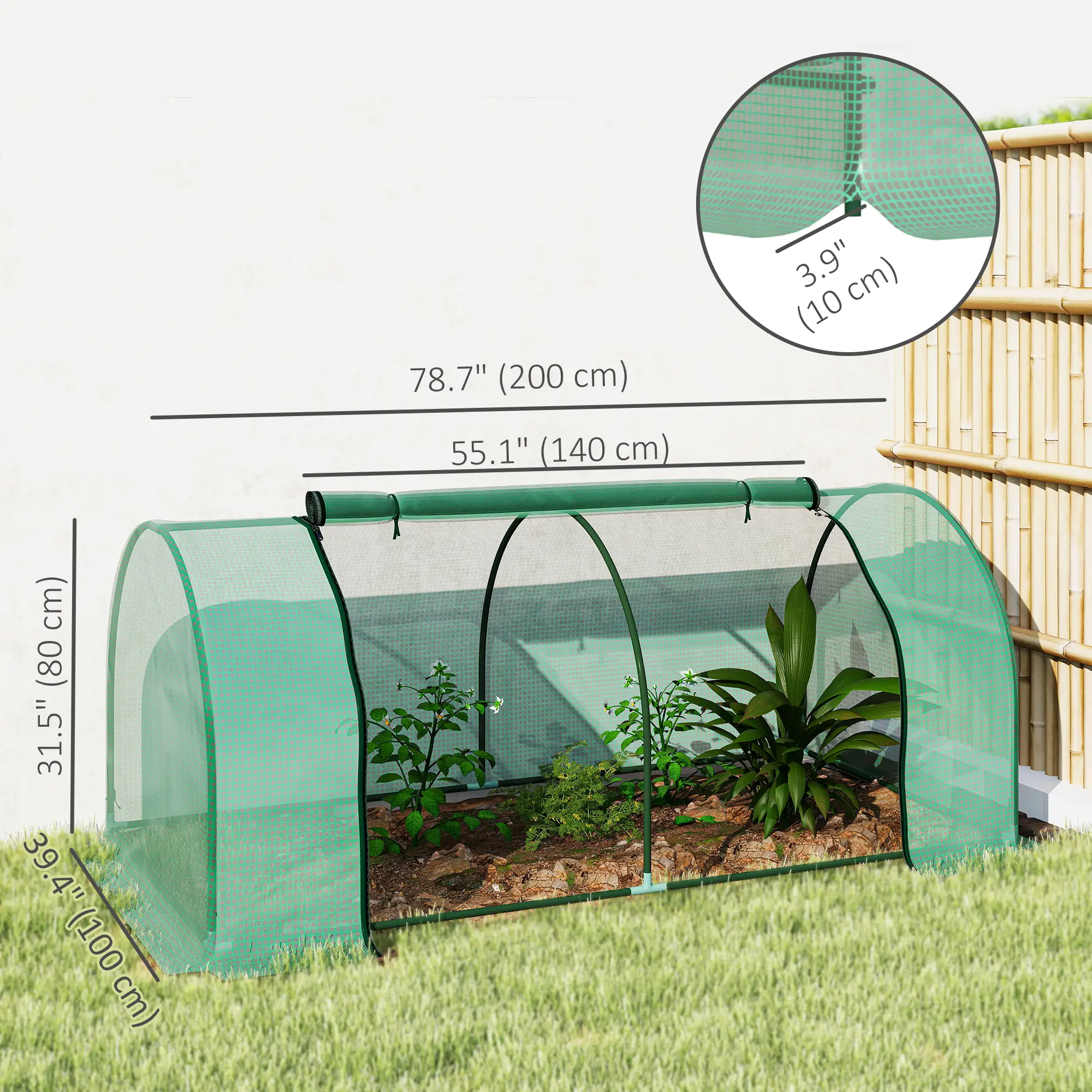 Mini Greenhouse With Zippered Doors, 79" x 39" x 32", Green - Image 3