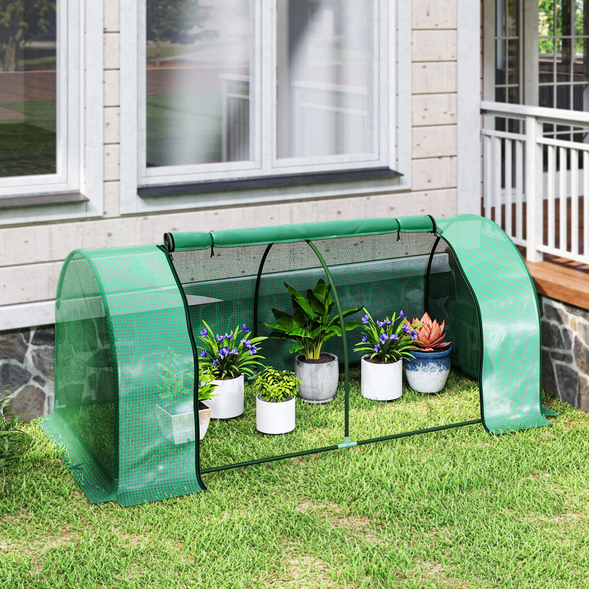 Mini Greenhouse With Zippered Doors, 79" x 39" x 32", Green - Image 9