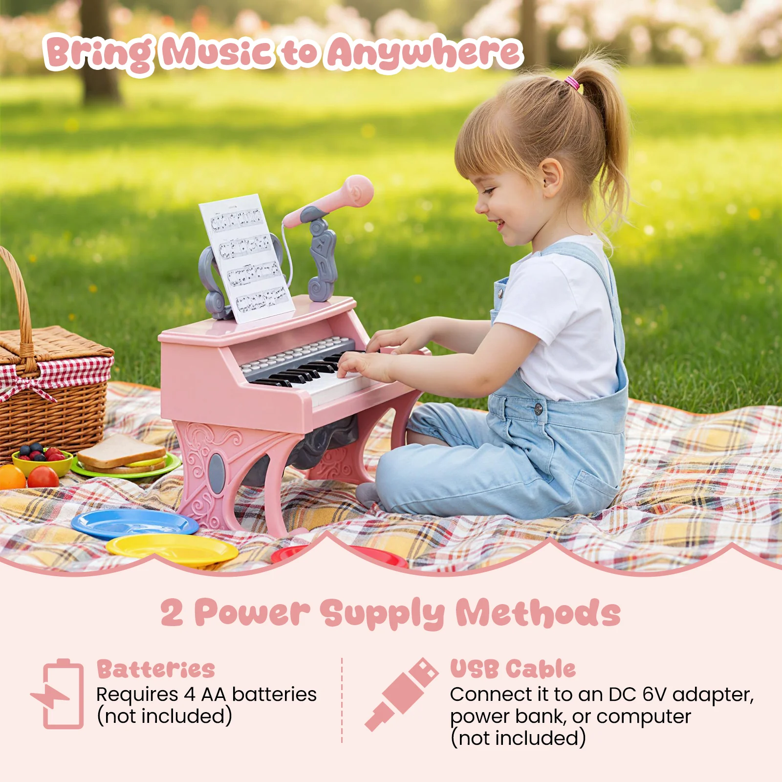 Mini Keyboard Piano 25 Keys, With Music Stand And Microphone, Pink - Image 10