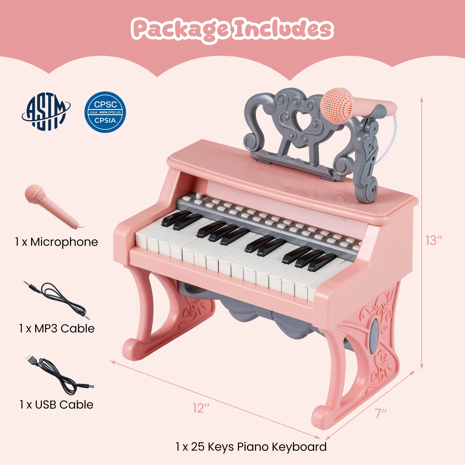 Mini Keyboard Piano 25 Keys, With Music Stand And Microphone, Pink - Image 6