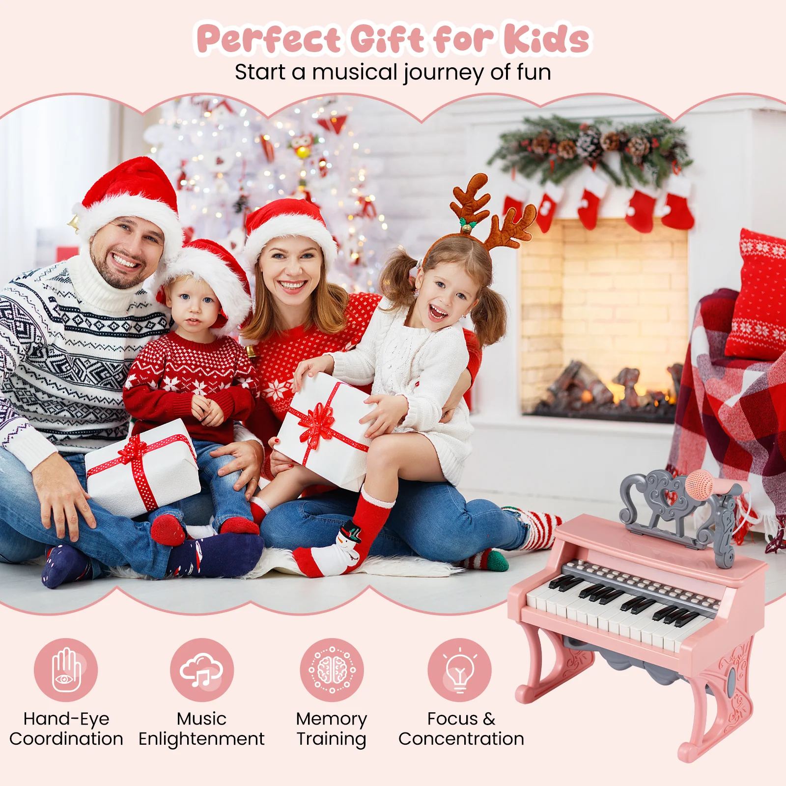 Mini Keyboard Piano 25 Keys, With Music Stand And Microphone, Pink - Image 7