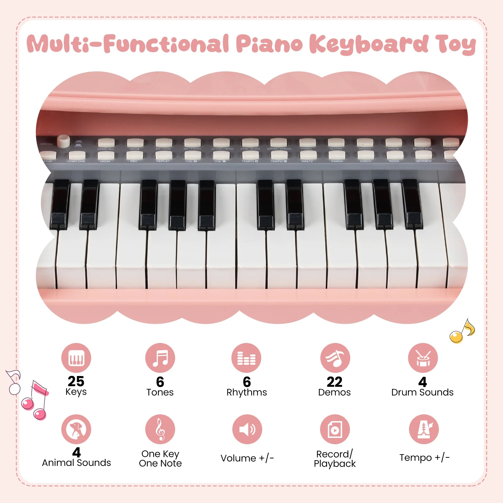 Mini Keyboard Piano 25 Keys, With Music Stand And Microphone, Pink - Image 8