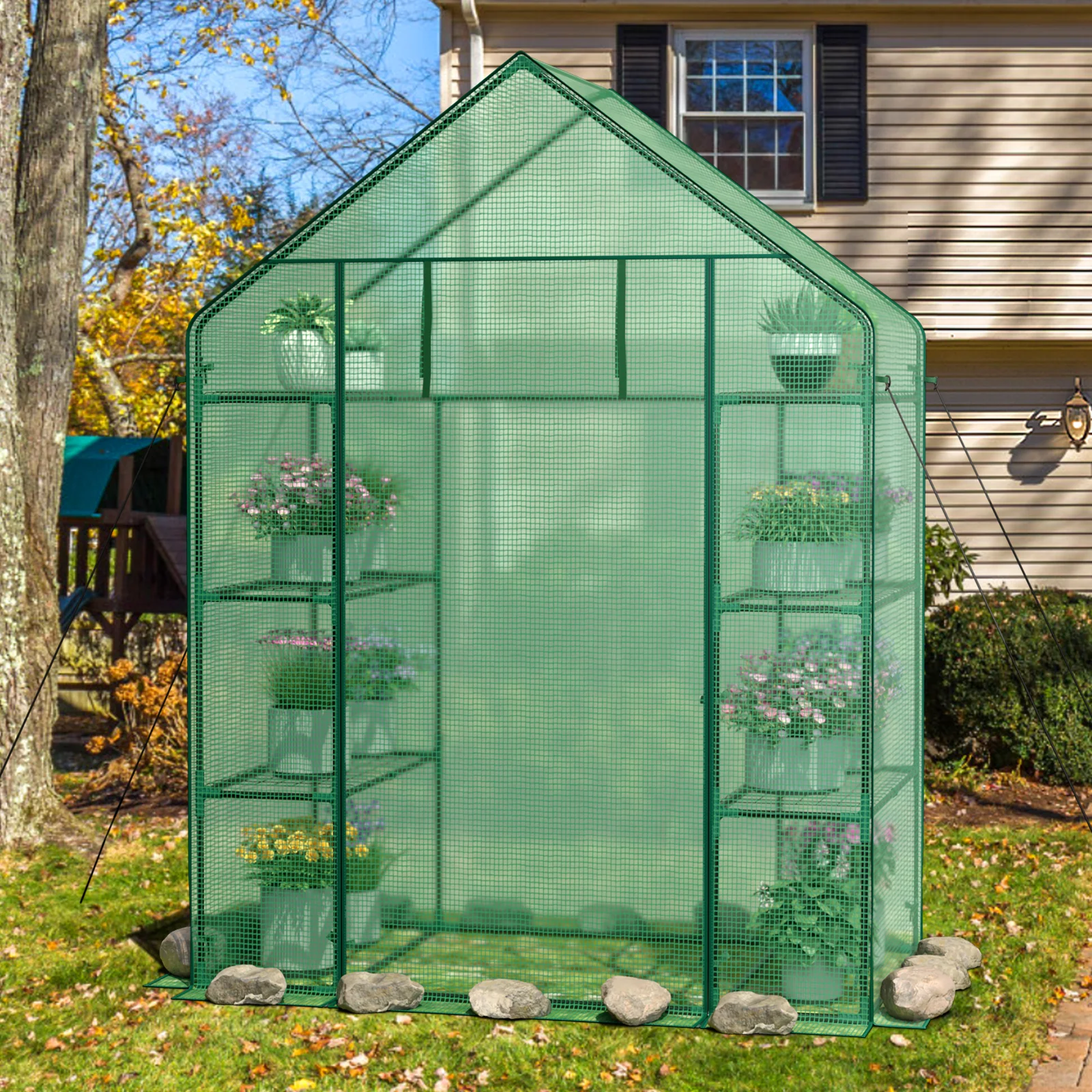 Mini Portable 4 Tier 8 Shelves Walk-in Plant Greenhouse, Green - Image 3
