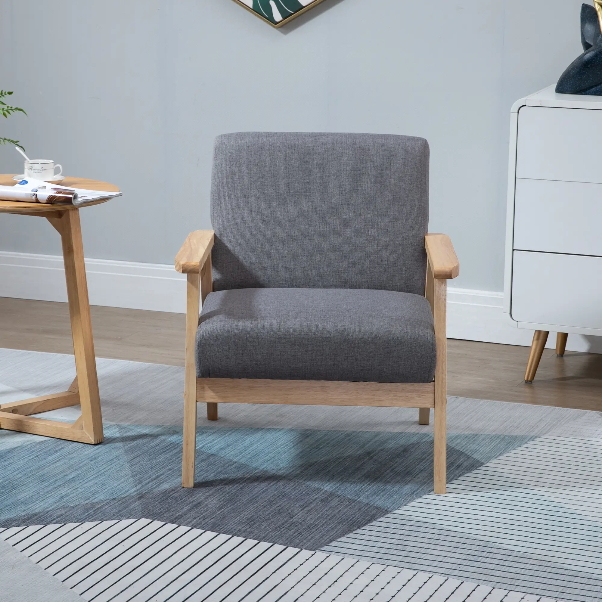Minimalist Wood Frame Accent Chair, Thick Linen Cushions, Grey - Image 2