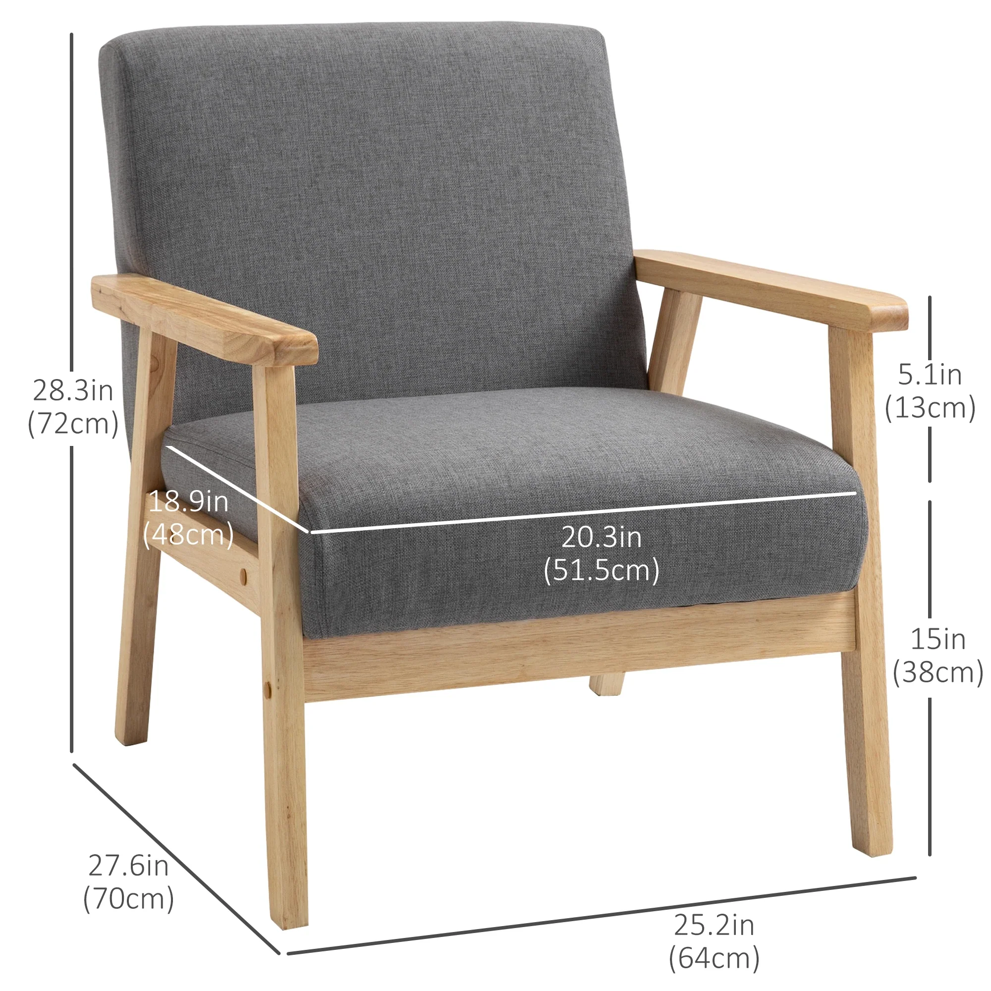Minimalist Wood Frame Accent Chair, Thick Linen Cushions, Grey - Image 3