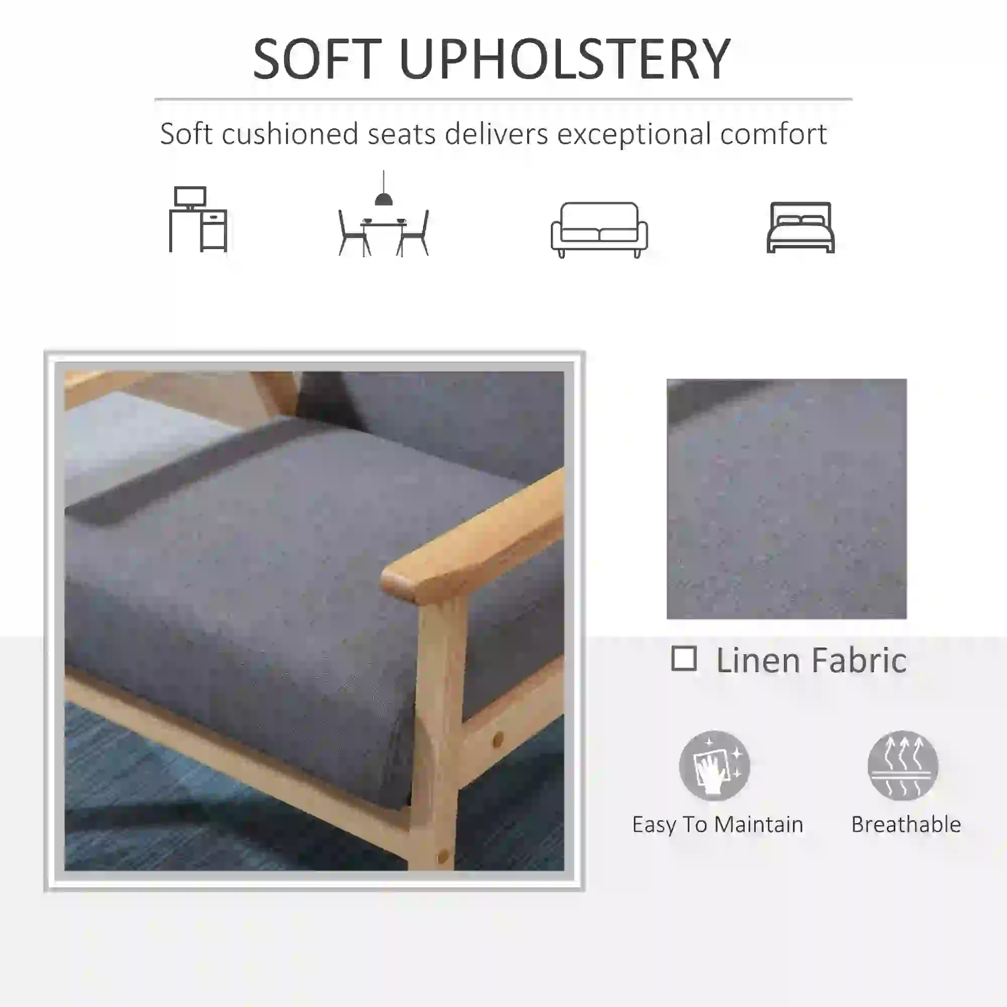 Minimalist Wood Frame Accent Chair, Thick Linen Cushions, Grey - Image 4