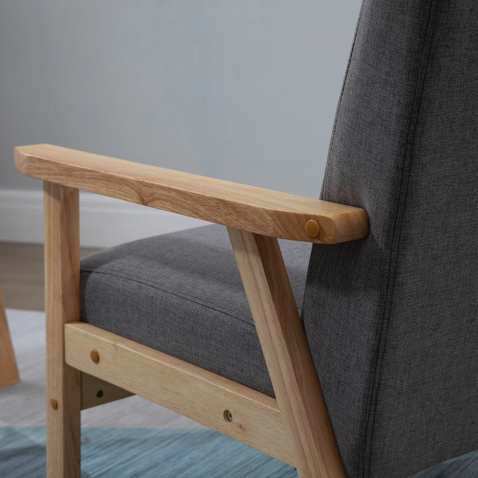 Minimalist Wood Frame Accent Chair, Thick Linen Cushions, Grey - Image 9