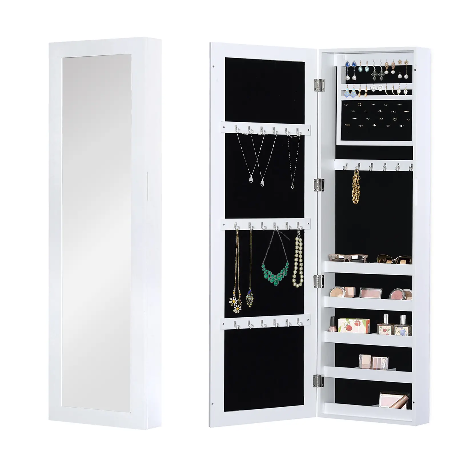 Mirror Jewellery Cabinet With Full Length Mirror, Wall Mounted Organizer, White