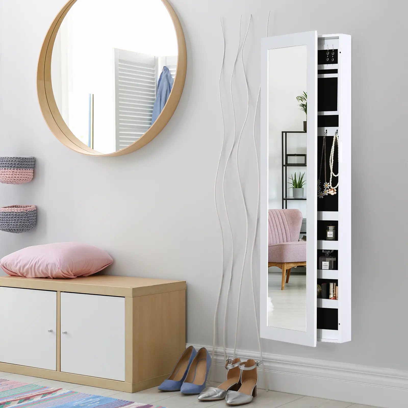 Mirror Jewellery Cabinet With Full Length Mirror, Wall Mounted Organizer, White - Image 2