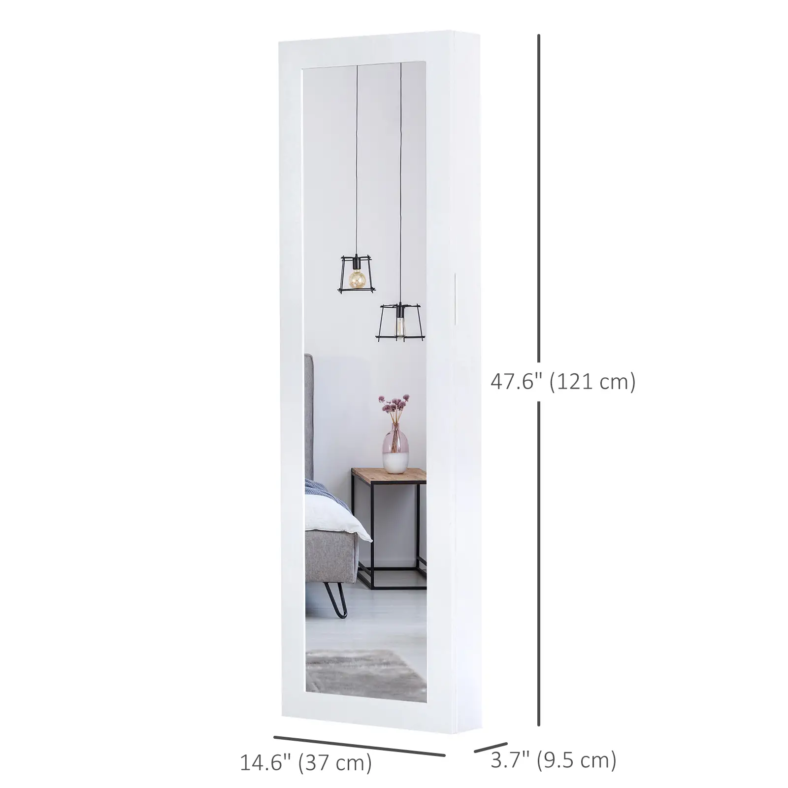 Mirror Jewellery Cabinet With Full Length Mirror, Wall Mounted Organizer, White - Image 3