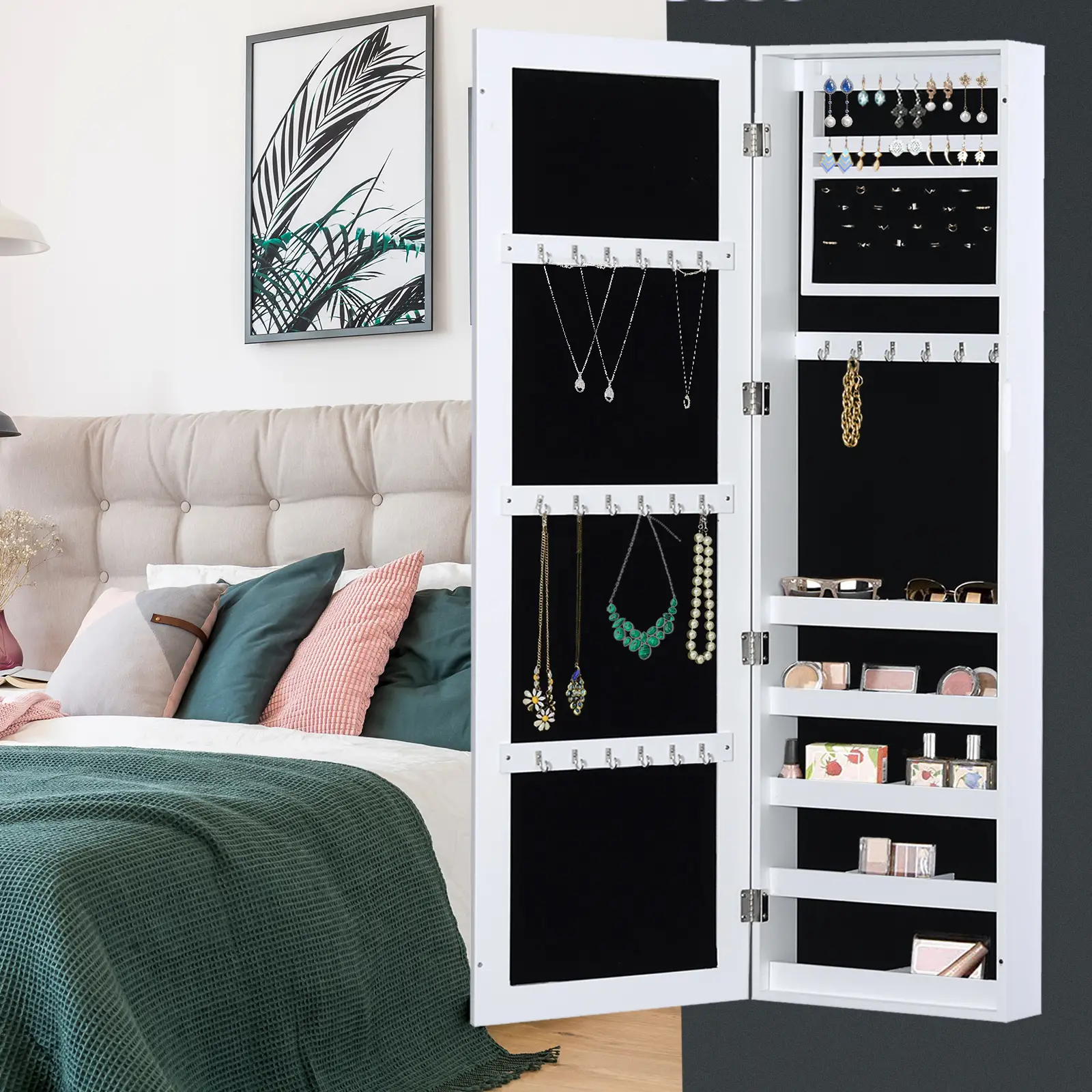 Mirror Jewellery Cabinet With Full Length Mirror, Wall Mounted Organizer, White - Image 4
