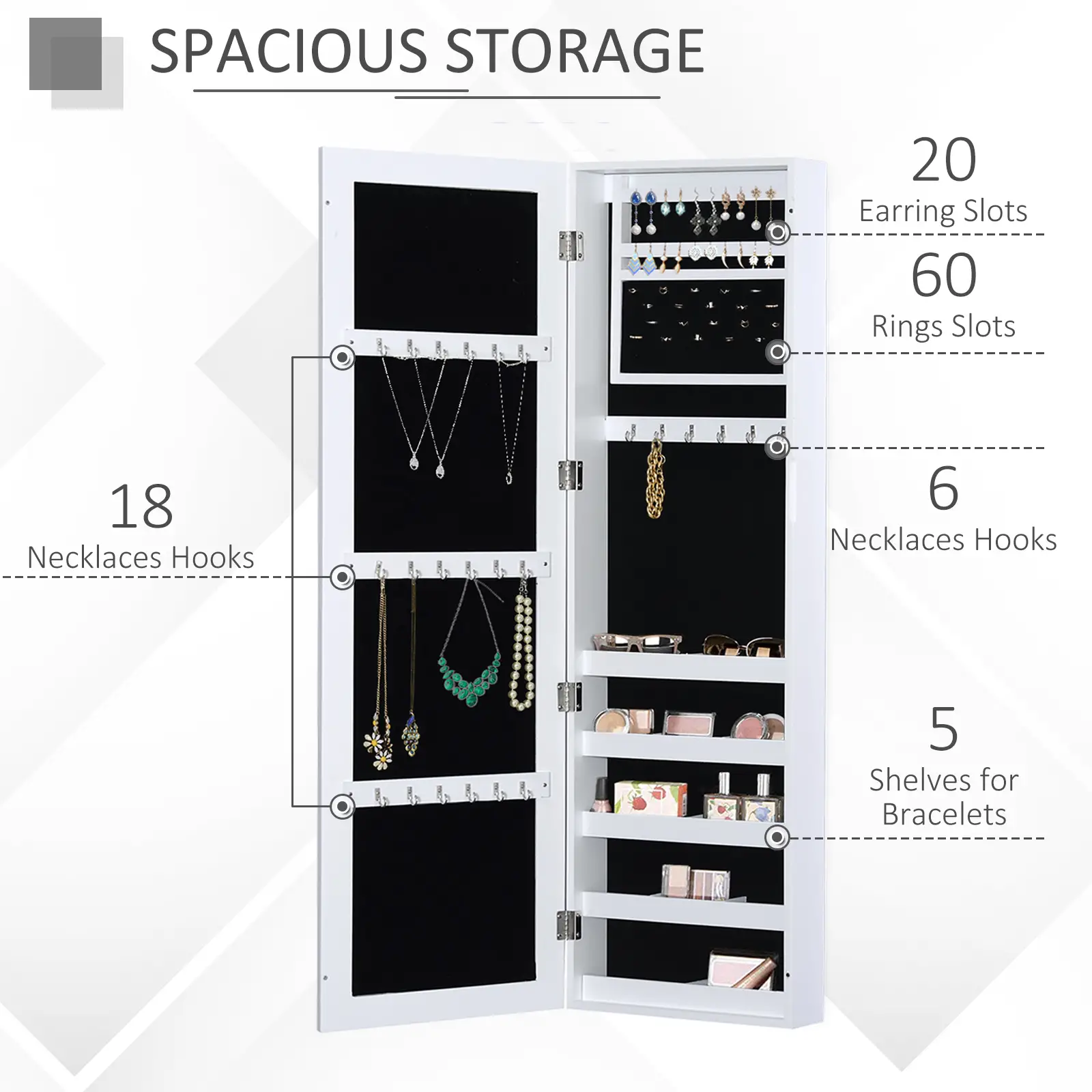 Mirror Jewellery Cabinet With Full Length Mirror, Wall Mounted Organizer, White - Image 5
