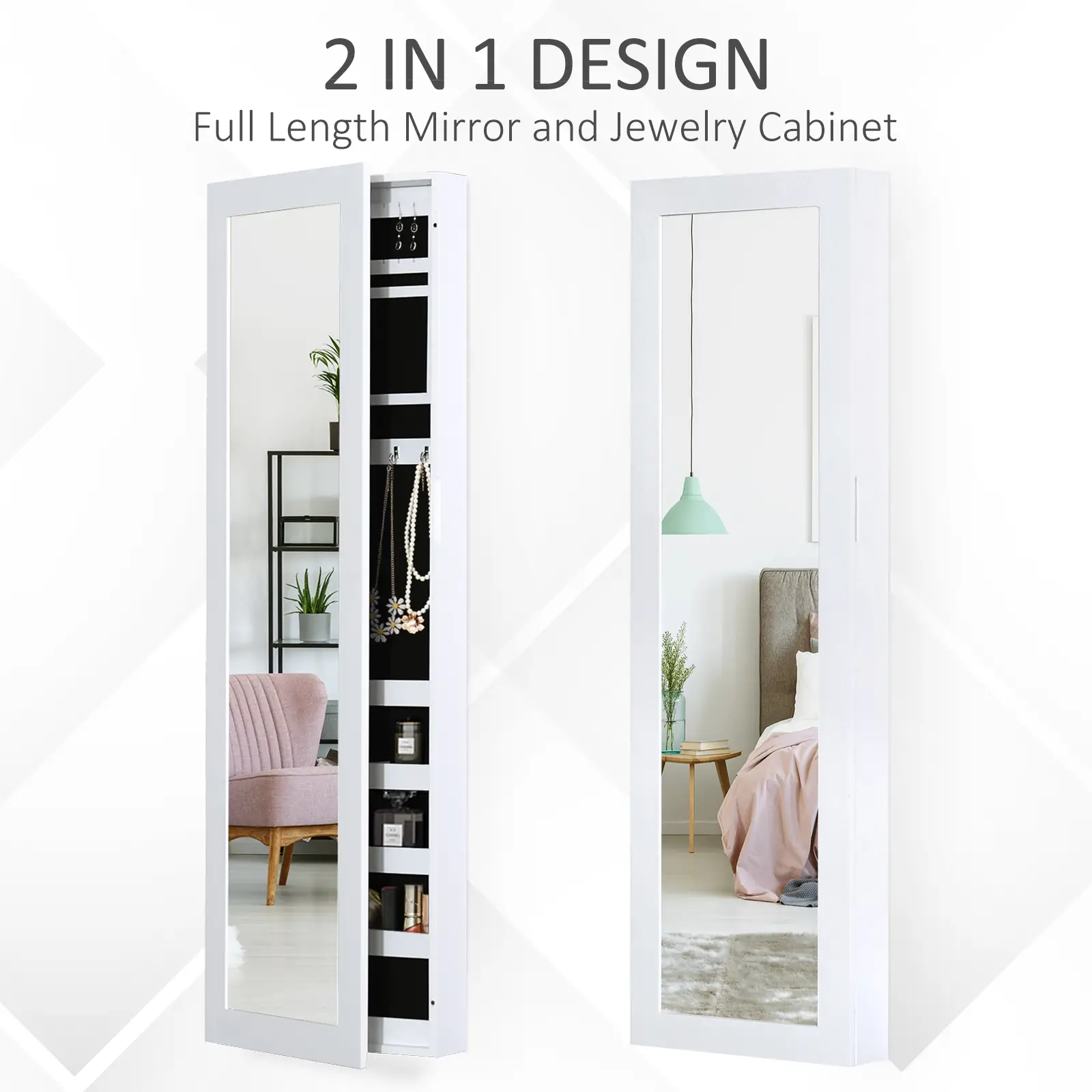 Mirror Jewellery Cabinet With Full Length Mirror, Wall Mounted Organizer, White - Image 6