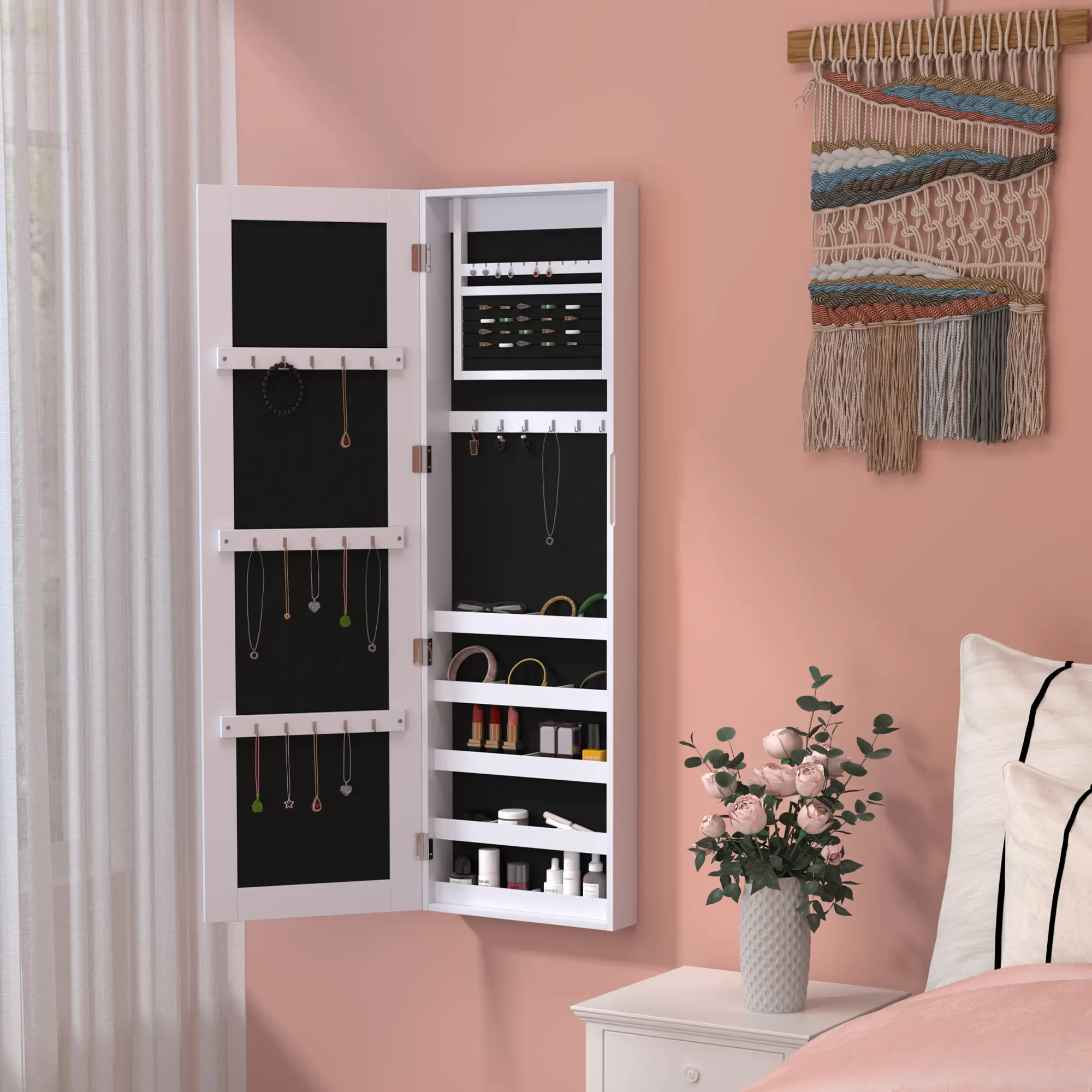 Mirror Jewellery Cabinet With Full Length Mirror, Wall Mounted Organizer, White - Image 9
