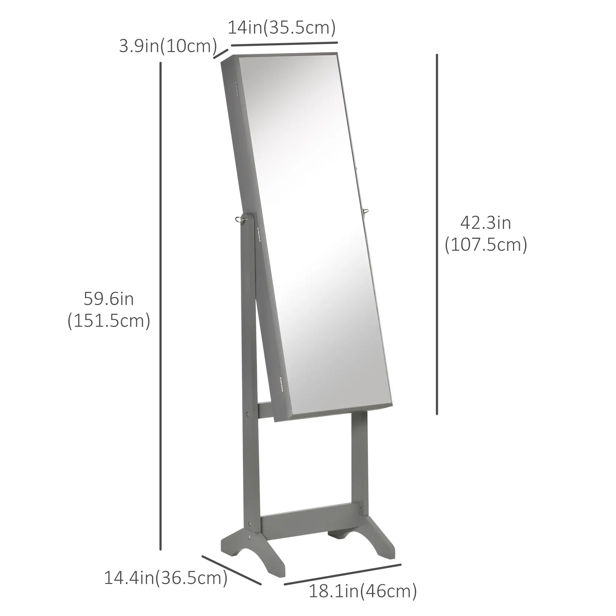 Mirror Jewelry Cabinet, Lockable Organizer, Full-Length Mirror, 3 Angle Adjustable, Grey - Image 3