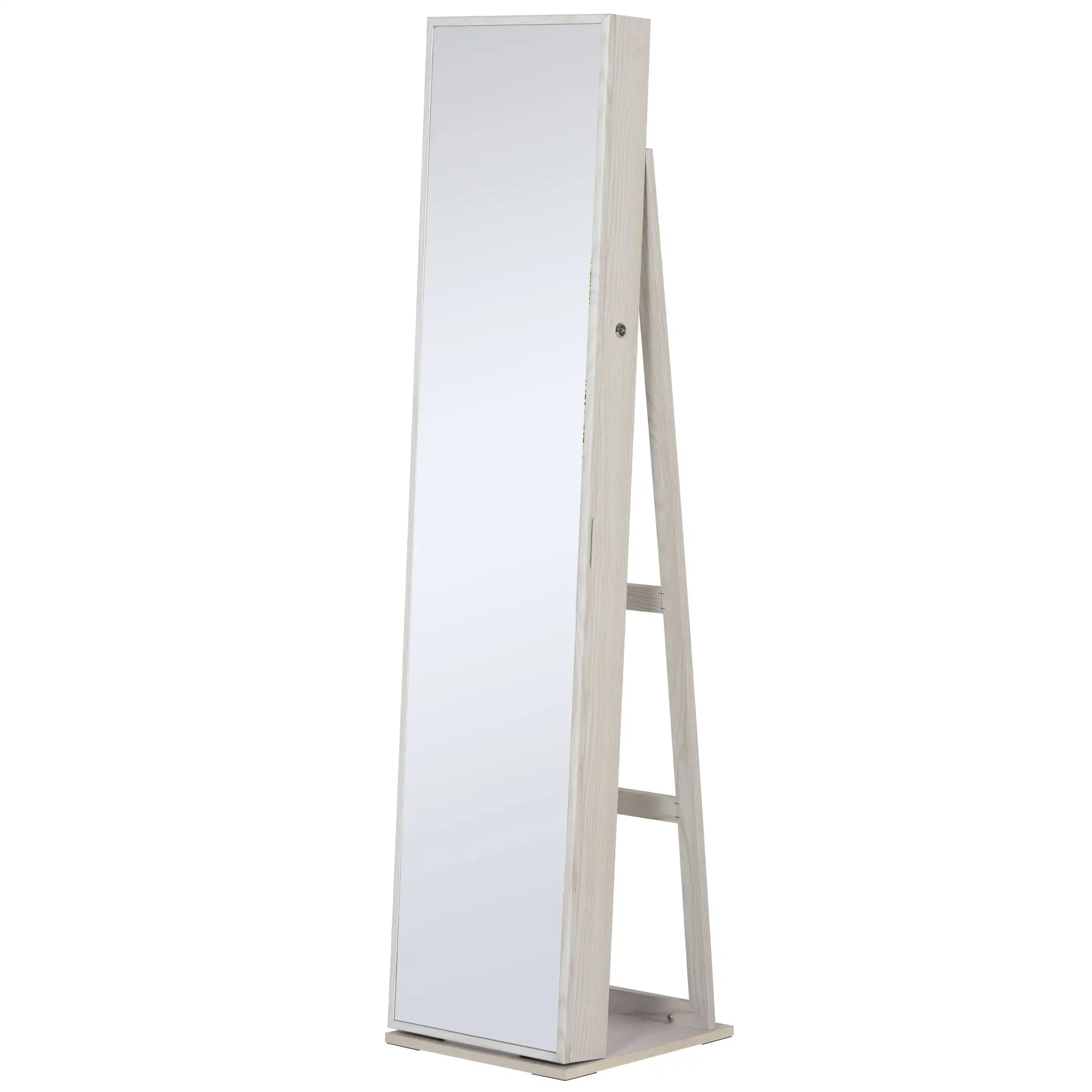 Mirror Jewelry Cabinet, Lockable Organizer with LED Lights, White Wood, White