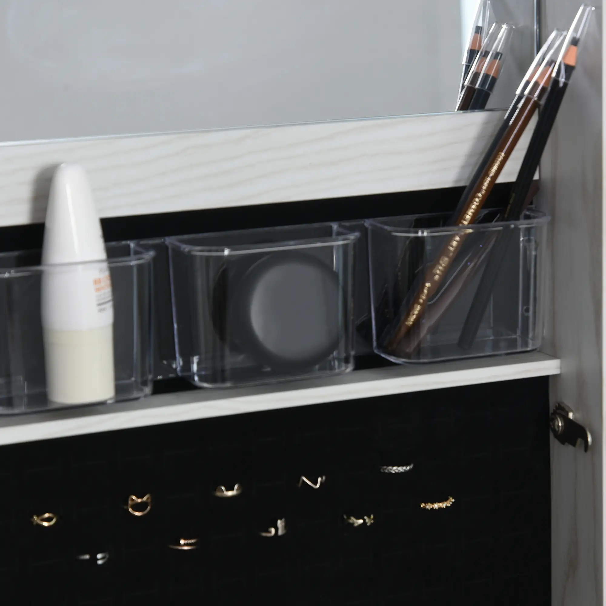 Mirror Jewelry Cabinet, Lockable Organizer with LED Lights, White Wood, White - Image 10