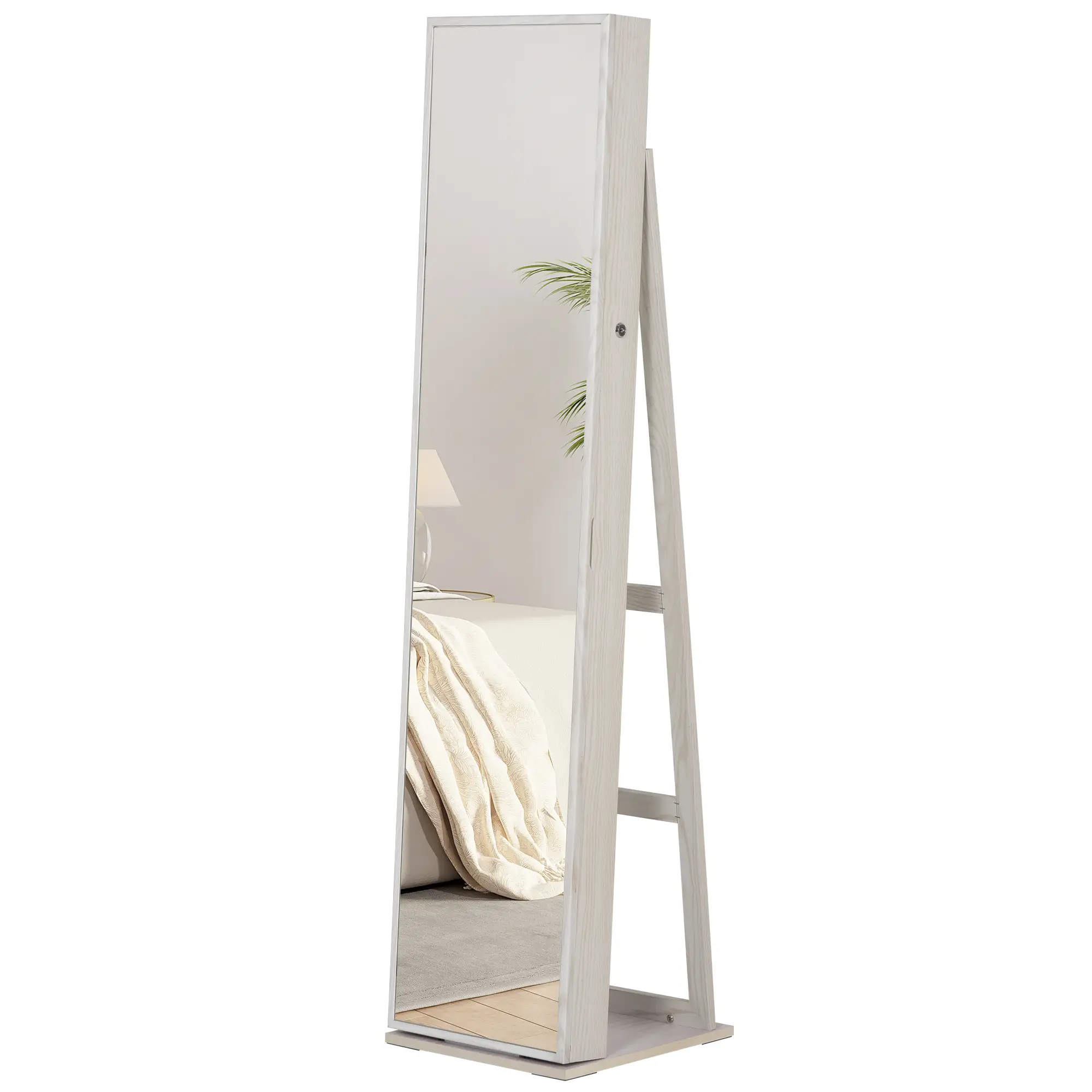 Mirror Jewelry Cabinet, Lockable Organizer with LED Lights, White Wood, White - Image 11