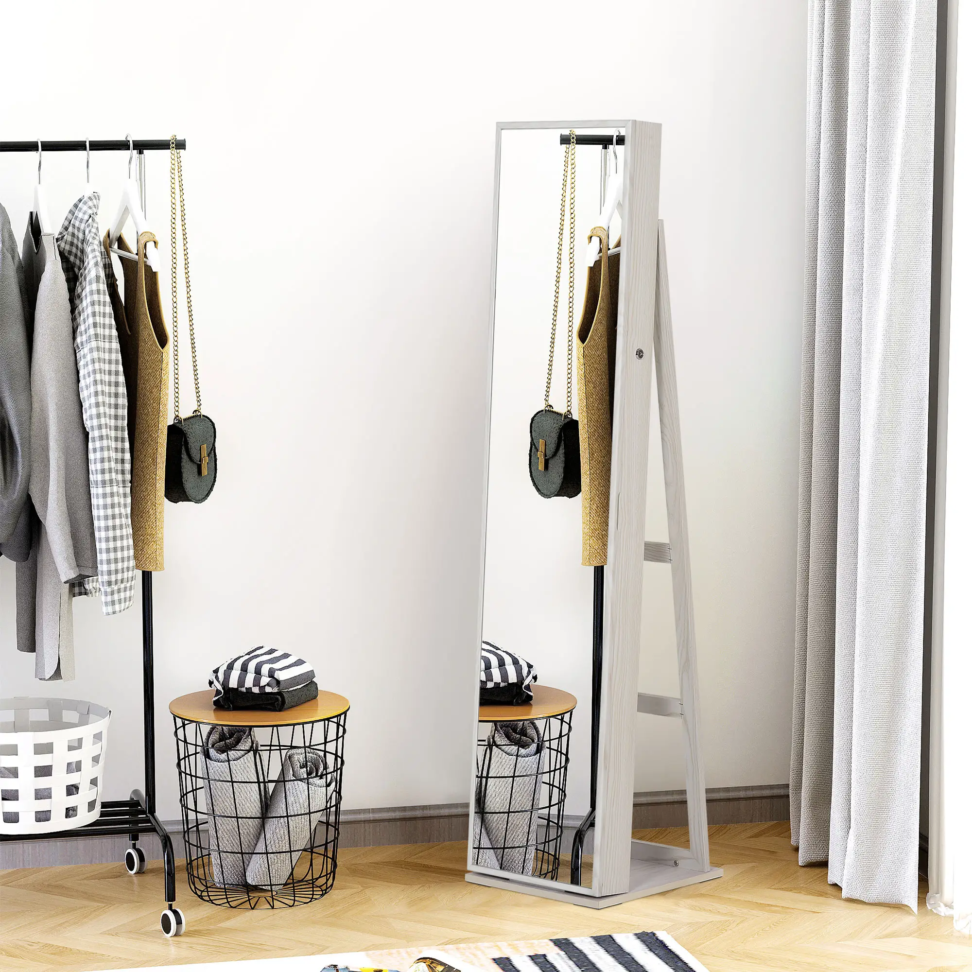 Mirror Jewelry Cabinet, Lockable Organizer with LED Lights, White Wood, White - Image 2