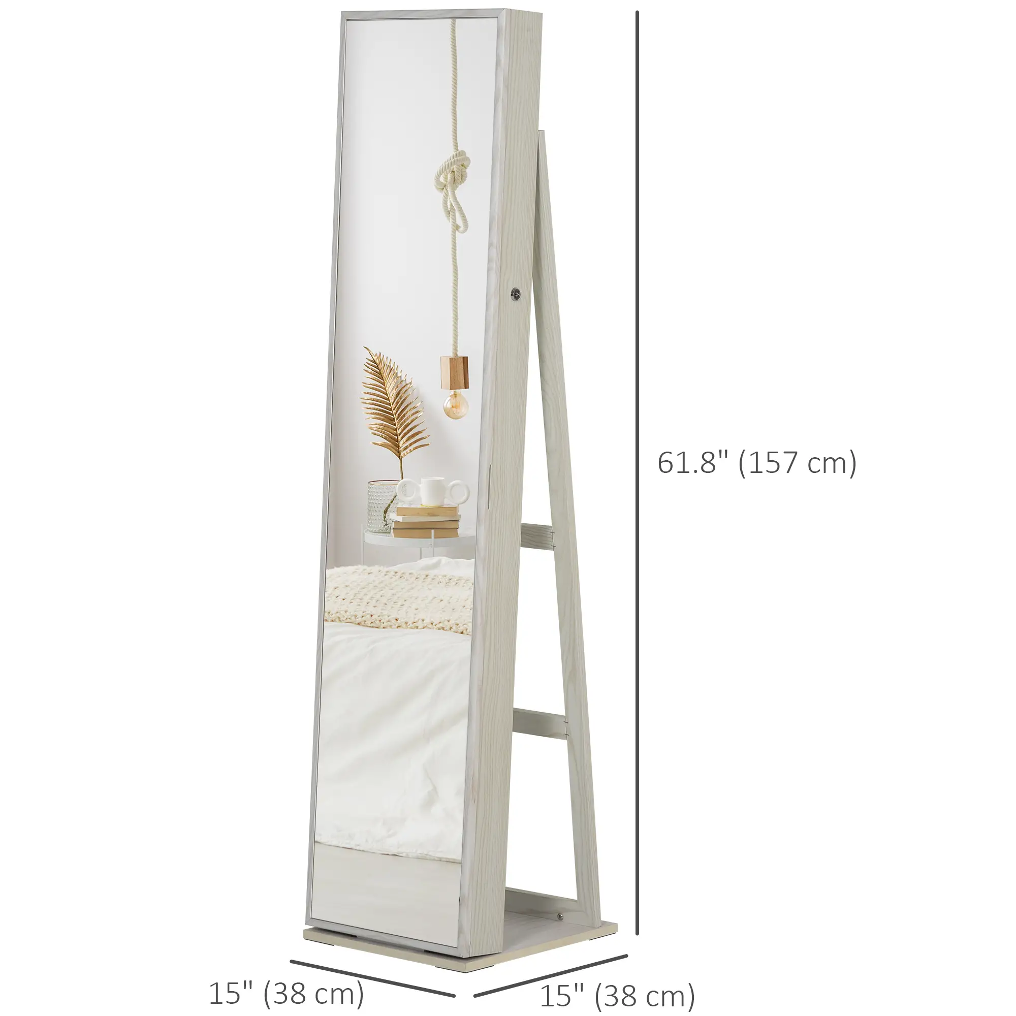 Mirror Jewelry Cabinet, Lockable Organizer with LED Lights, White Wood, White - Image 3