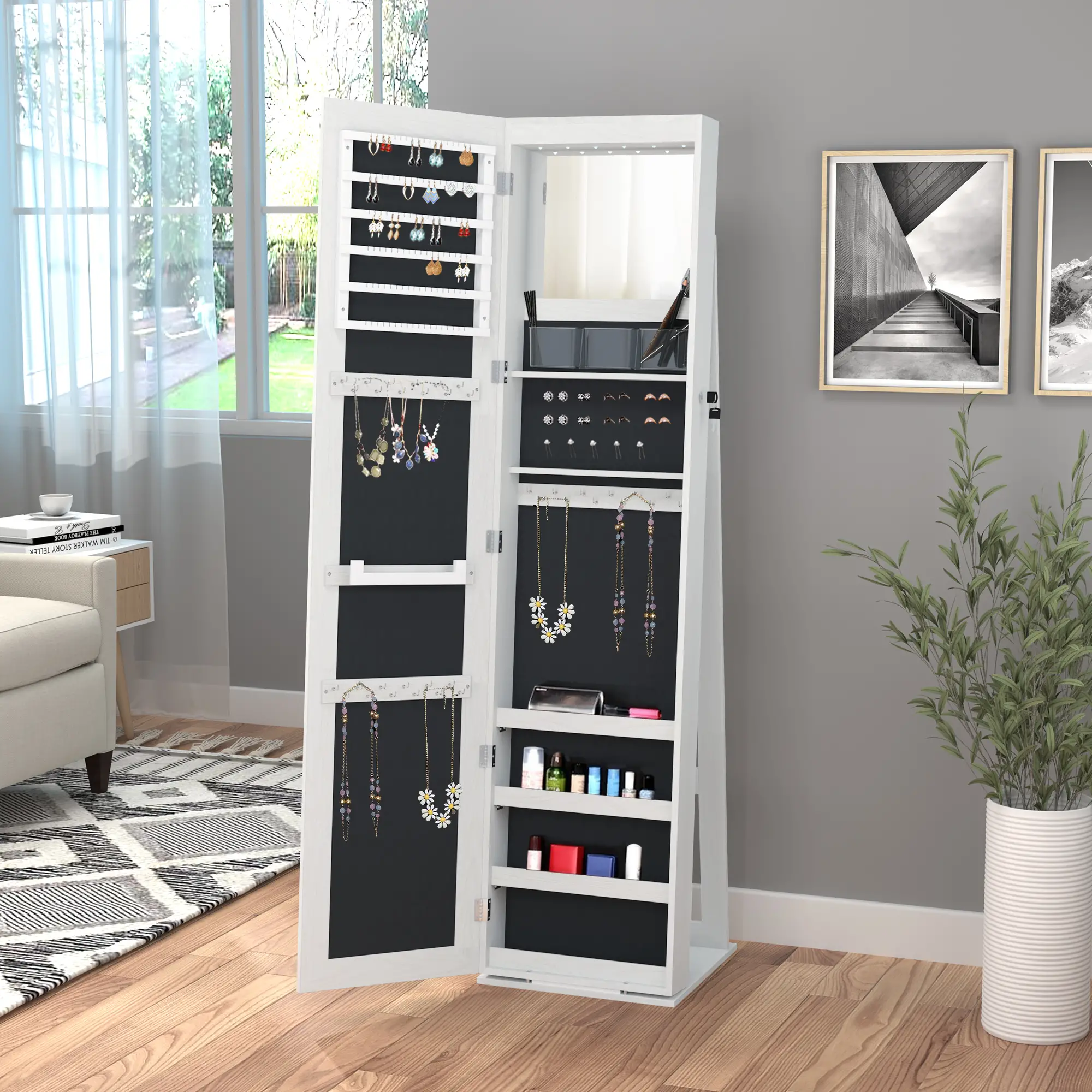 Mirror Jewelry Cabinet, Lockable Organizer with LED Lights, White Wood, White - Image 4