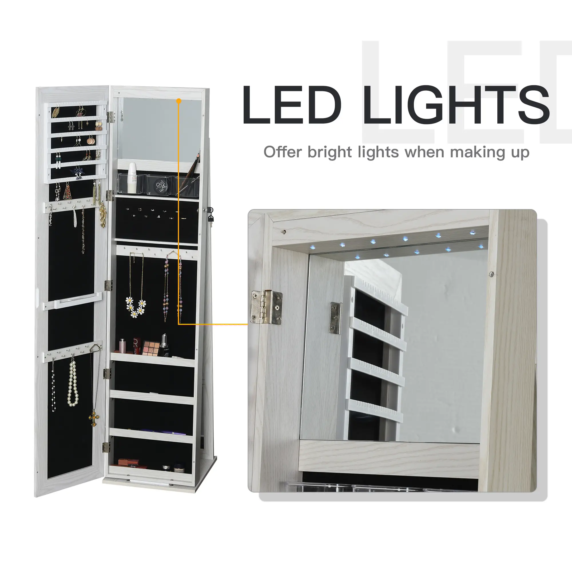 Mirror Jewelry Cabinet, Lockable Organizer with LED Lights, White Wood, White - Image 6