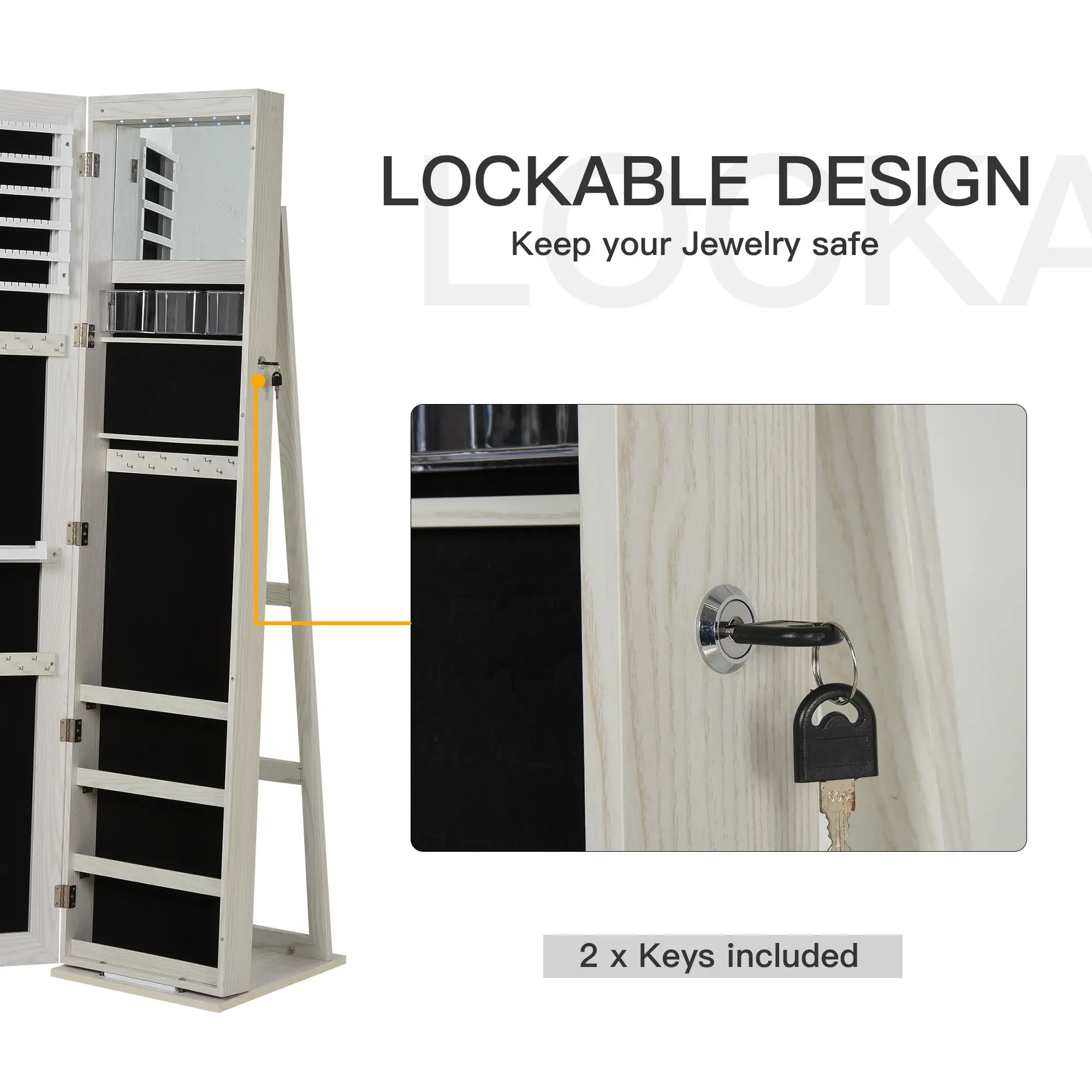 Mirror Jewelry Cabinet, Lockable Organizer with LED Lights, White Wood, White - Image 7