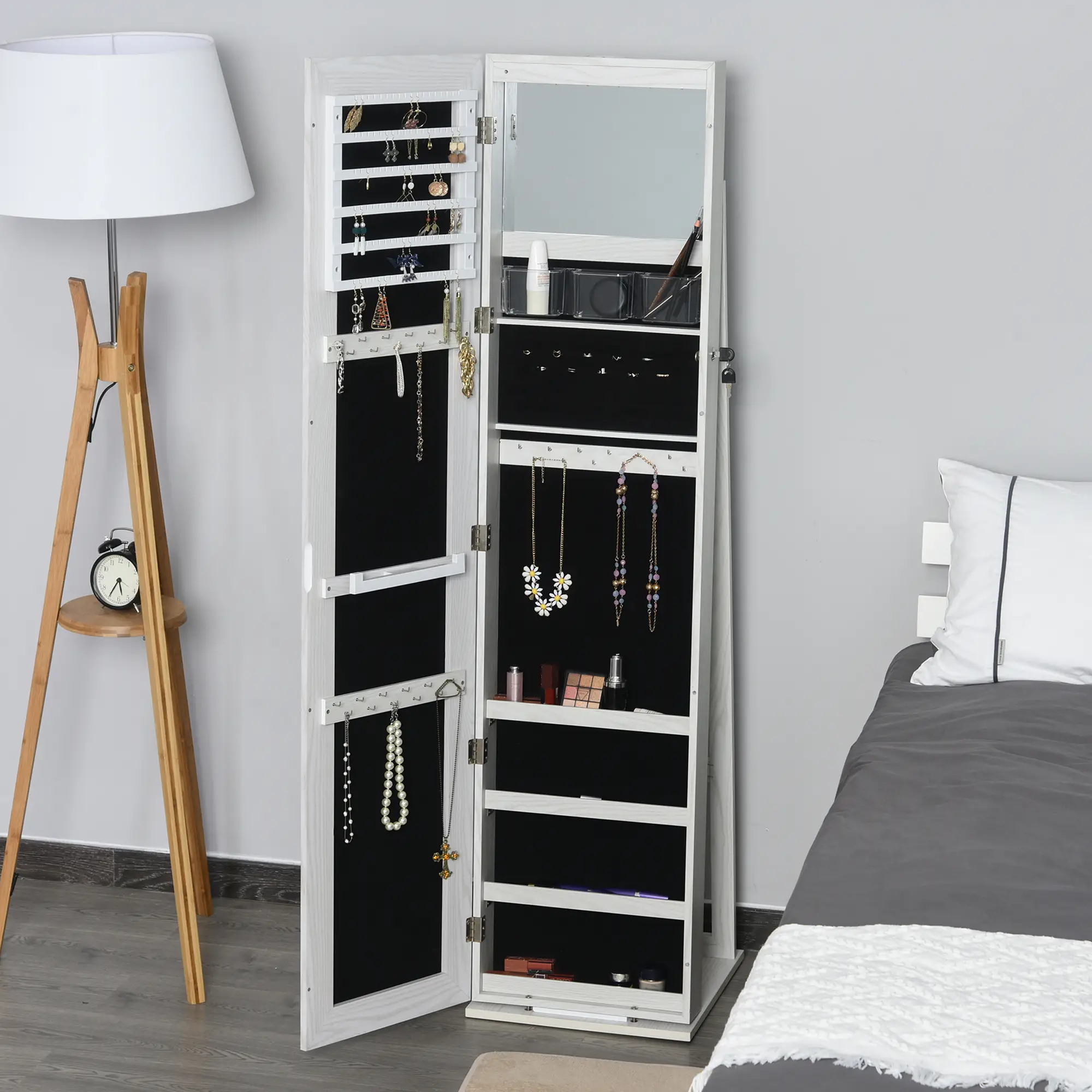 Mirror Jewelry Cabinet, Lockable Organizer with LED Lights, White Wood, White - Image 8