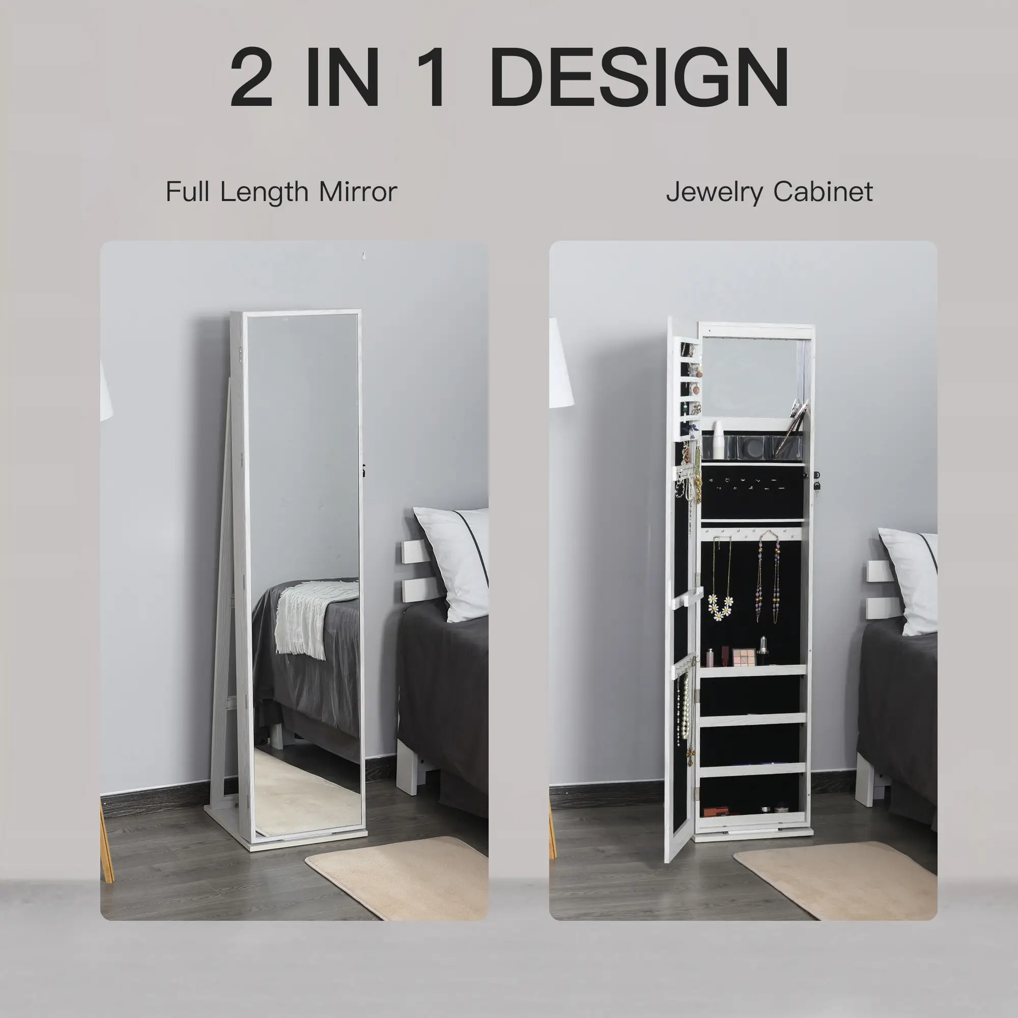 Mirror Jewelry Cabinet, Lockable Organizer with LED Lights, White Wood, White - Image 9