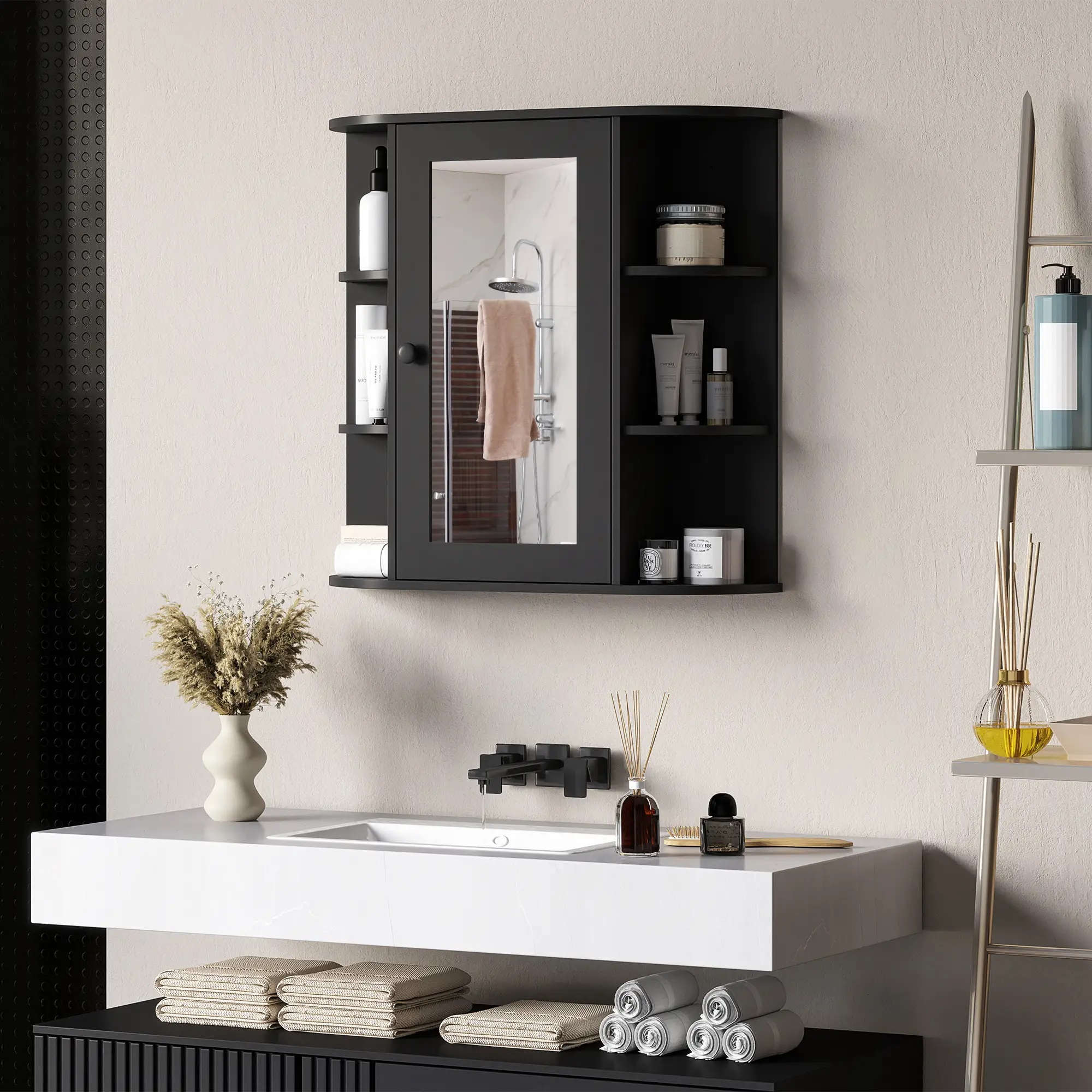 Mirrored Bathroom Wall Cabinet, Wall Mounted, With Door & Shelves, Black - Image 7