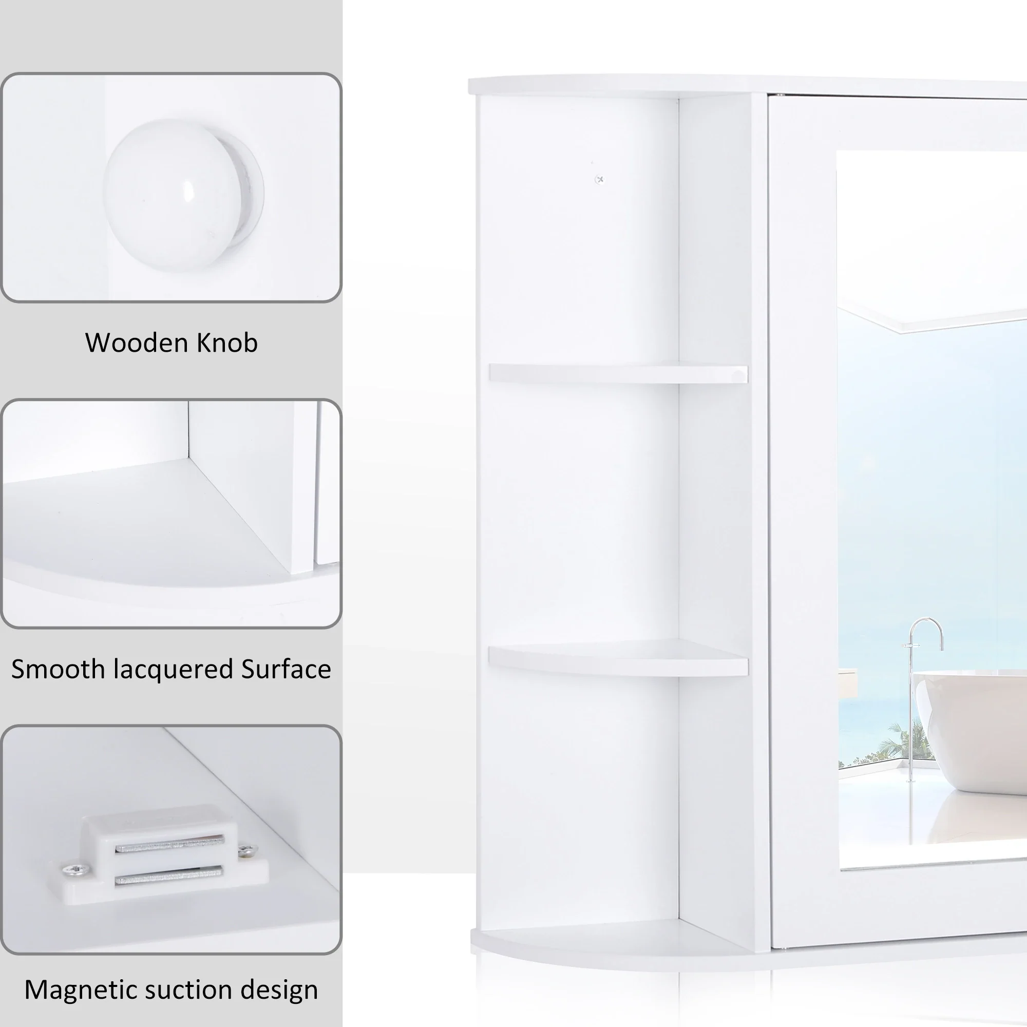 Mirrored Bathroom Wall Cabinet, Wall Mounted, With Door & Shelves, White - Image 4