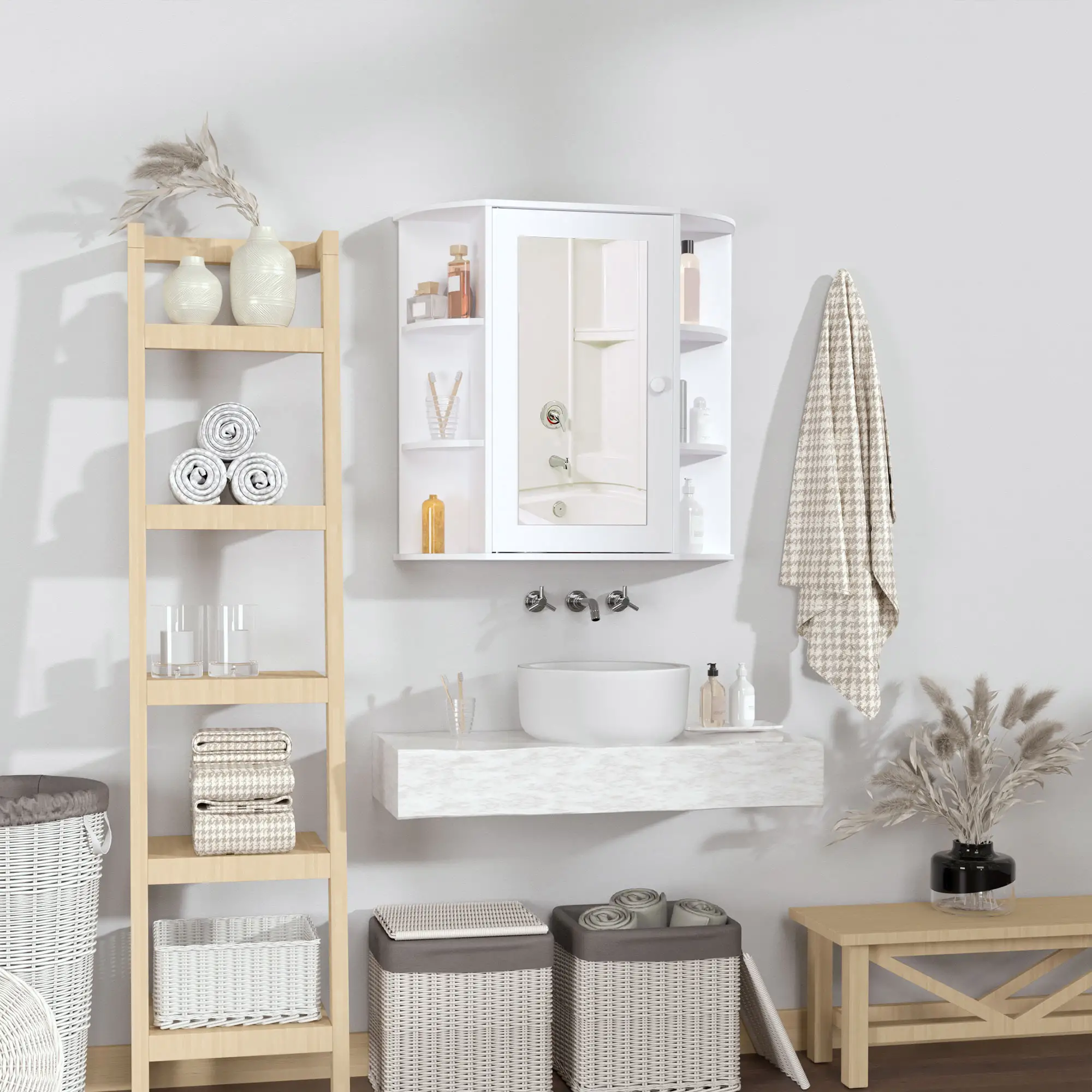 Mirrored Bathroom Wall Cabinet, Wall Mounted, With Door & Shelves, White - Image 8