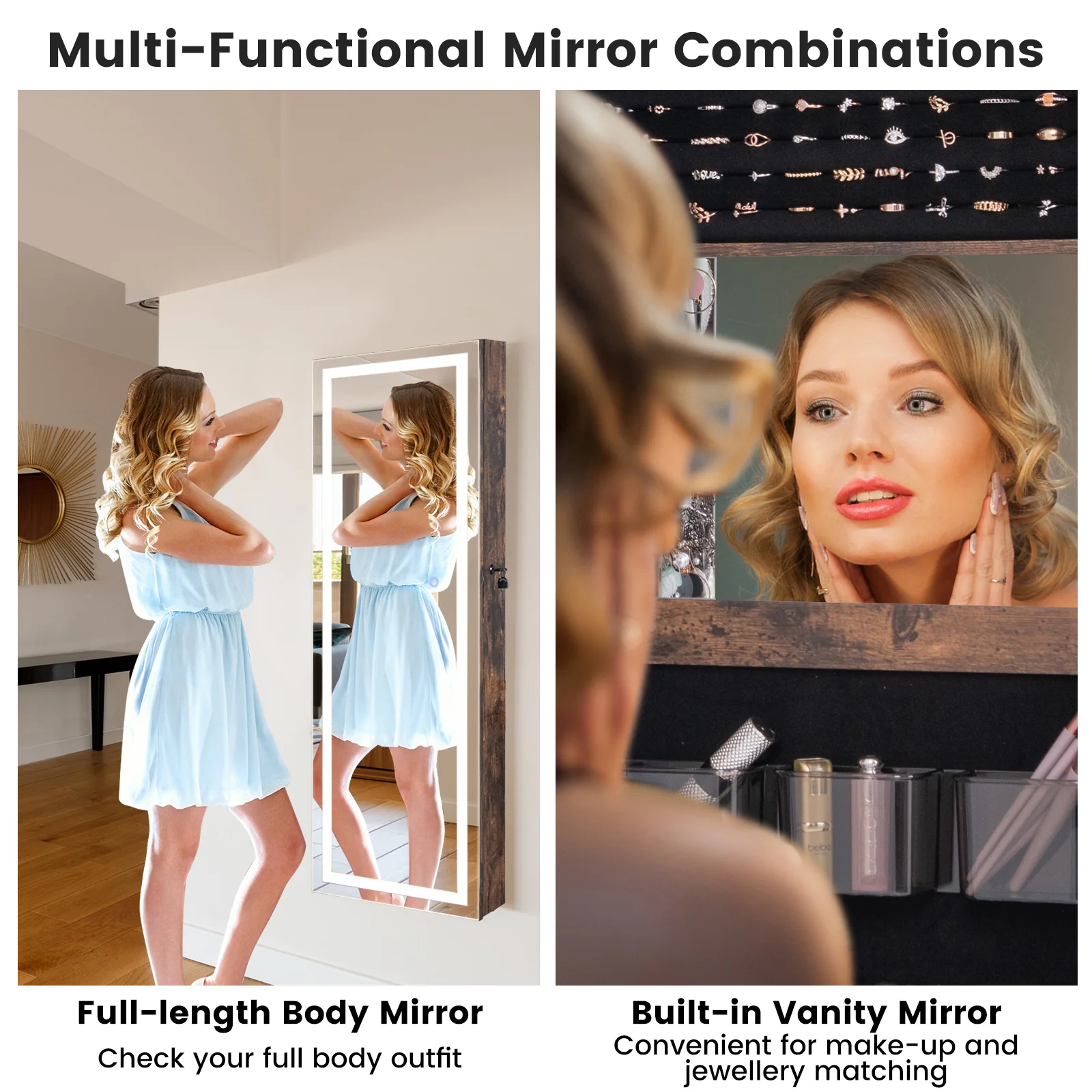 Mirrored Jewelry Armoire, Full Length Mirror, 2 LED Lights, Rustic Brown - Image 10